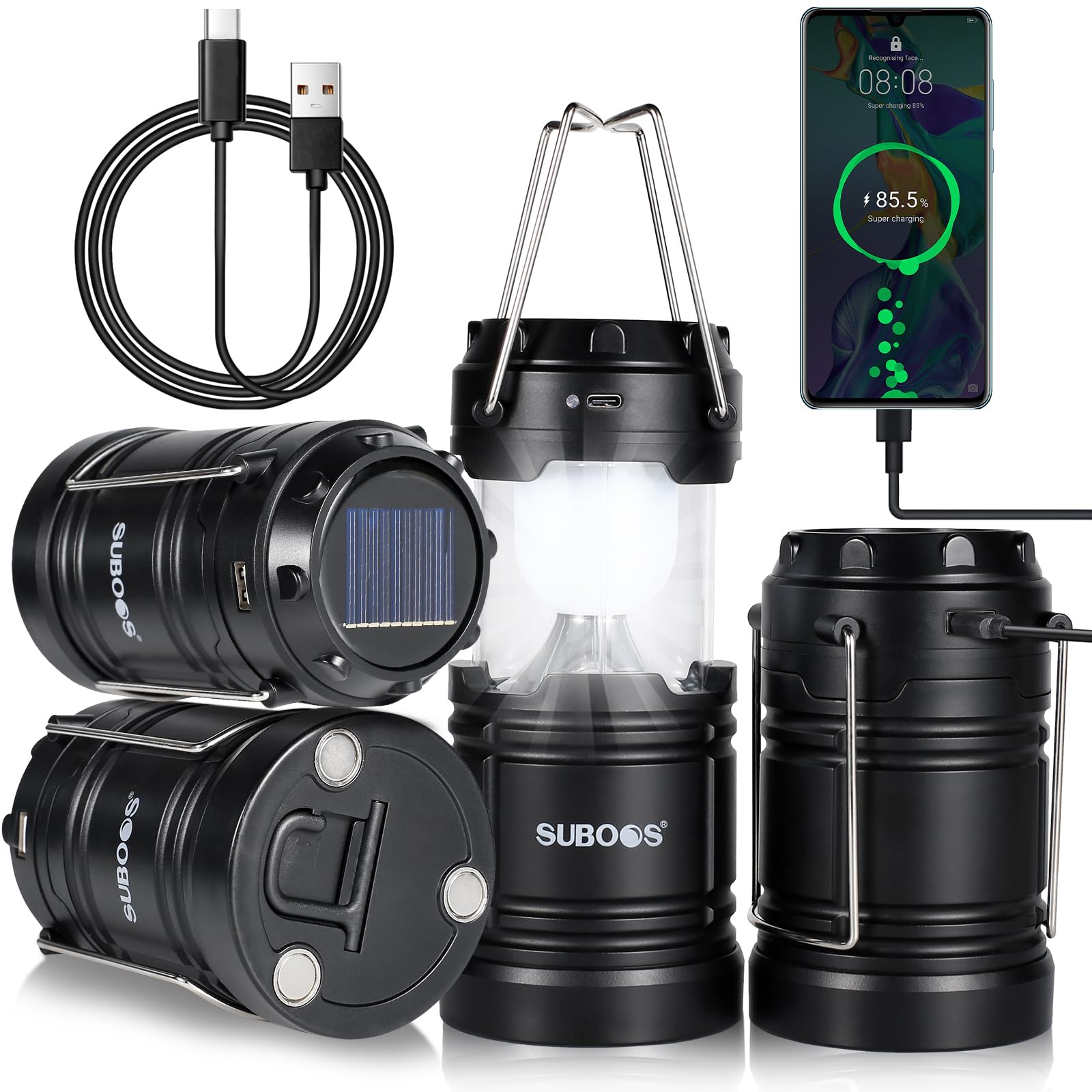 SUBOOS Campinglampe Aufladbar, Hybrid Licht Solar & AA Batteriebetriebene LED Camping Lampe, Integrierter Aufhängehaken & Magnetfuß, für Outdoor, Survival & Stromausfälle (4 Stück)