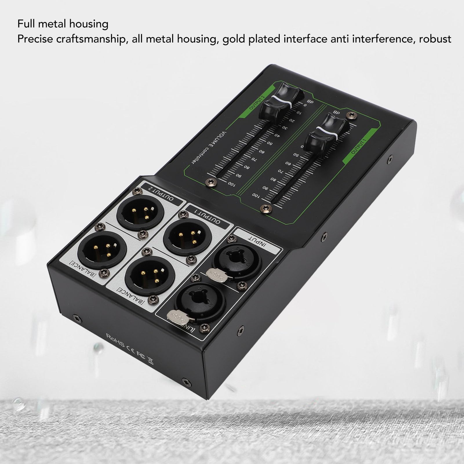 Controller di Volume Passivo Stereo XLR 2 Ingressi 4 Uscite, Fader 70 mm Alta Precisione, Audio HiFi