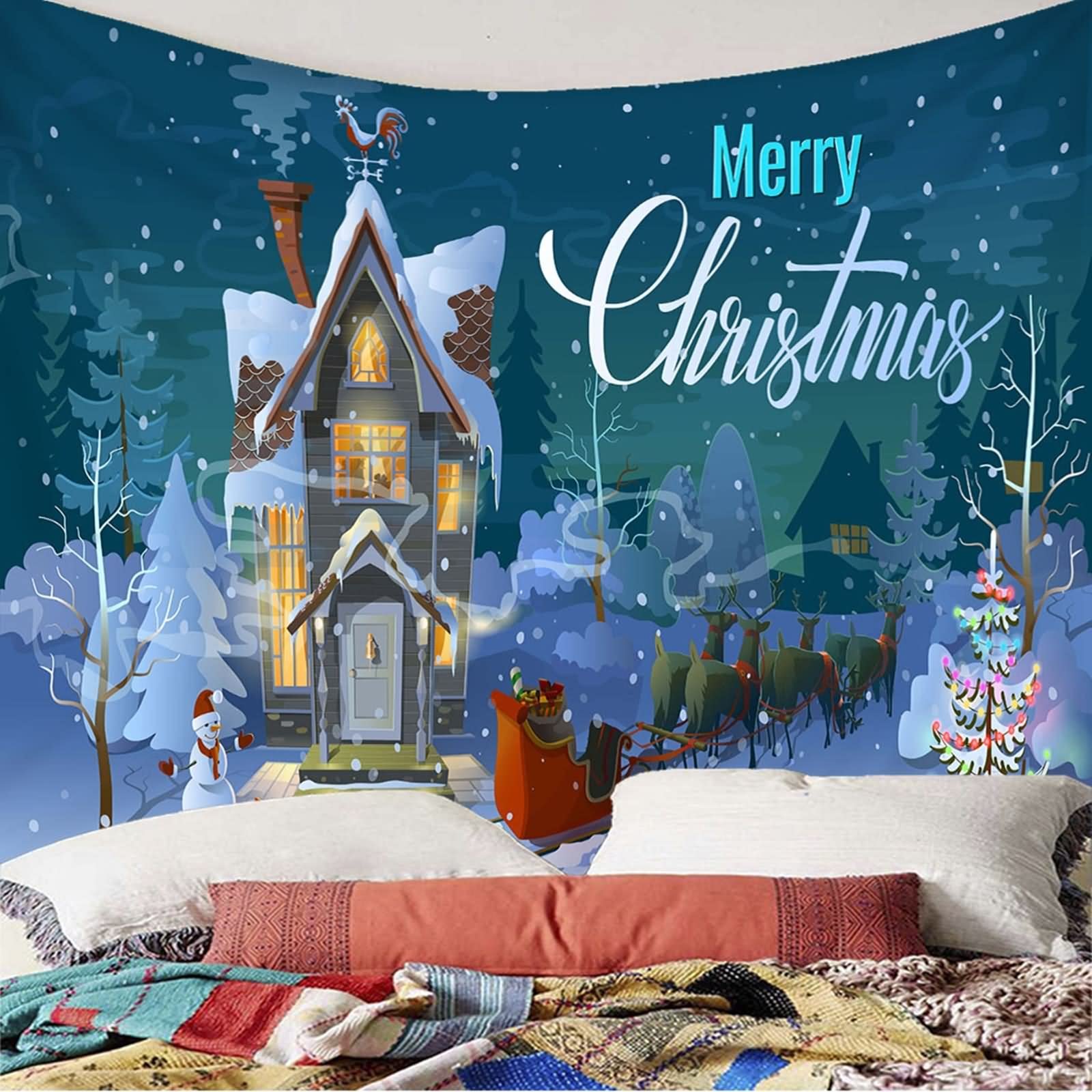 Tapiz Tela, Tapiz Navideño Ciervo Muñeco de Nieve con Árboles y Casa Azul Verde Blanco Poliéster 200X200cm