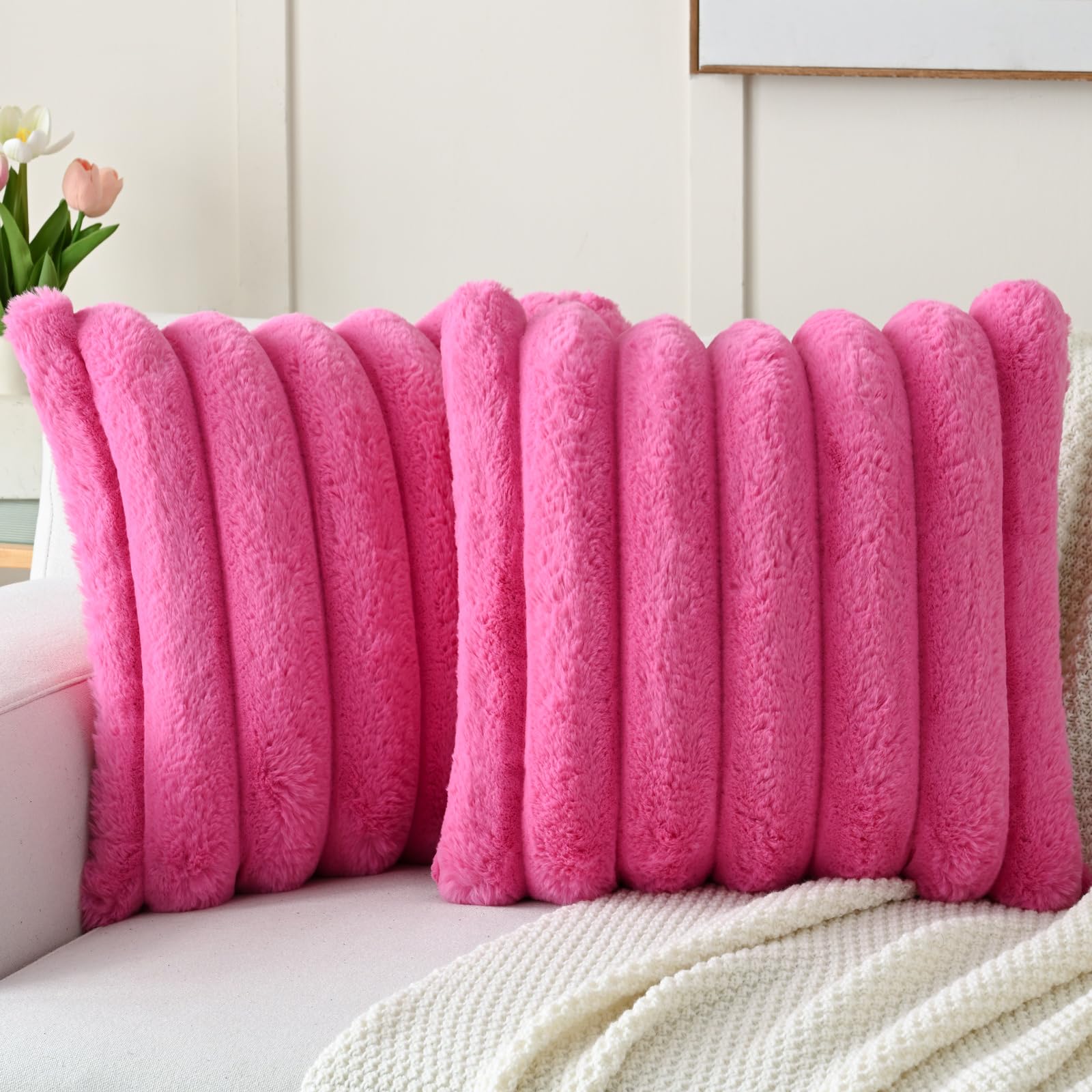 FUTEI Set of 2 Fluffy Faux Rabbit Fur Cushion Covers 55 x 55 cm,Hot Pink โ image 1