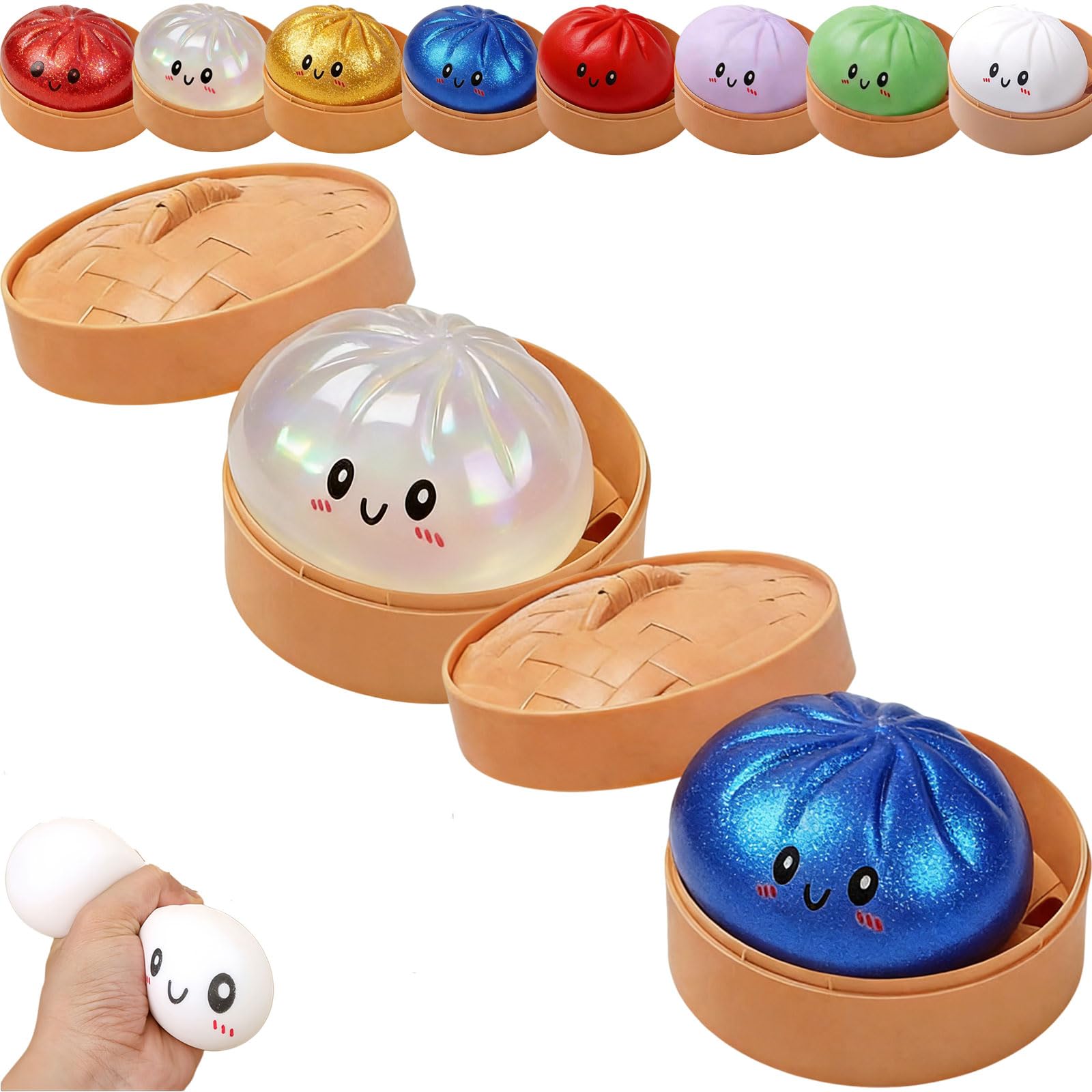 Dumpling Squishy, Squishy Dumpling Toy, Glitter Dumplings Squishiest Toy with Steamer Box, Stress & Anxiety Relief Toys for Kids & Adults Non-Edible (White) — view 16