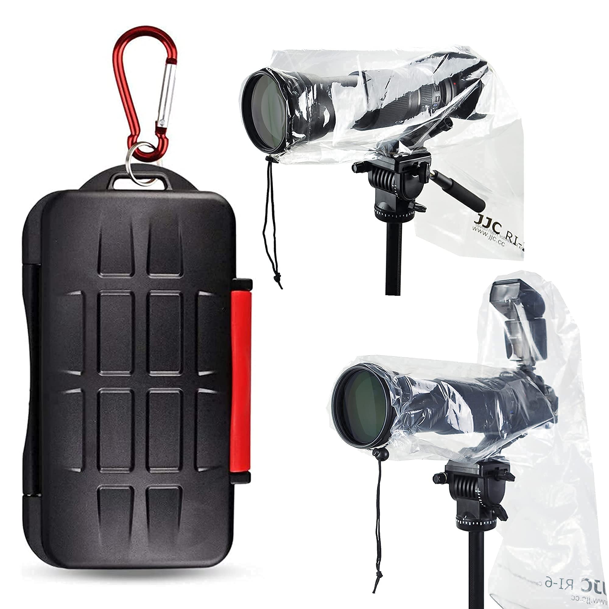 Memory Card Case + 2 Pack (with & Without Flash) Rain Cover: 12 Slots SD SDHC SDXC Card Holder + 2 Pack Clear Lens Raincoat (with & Without Flash)