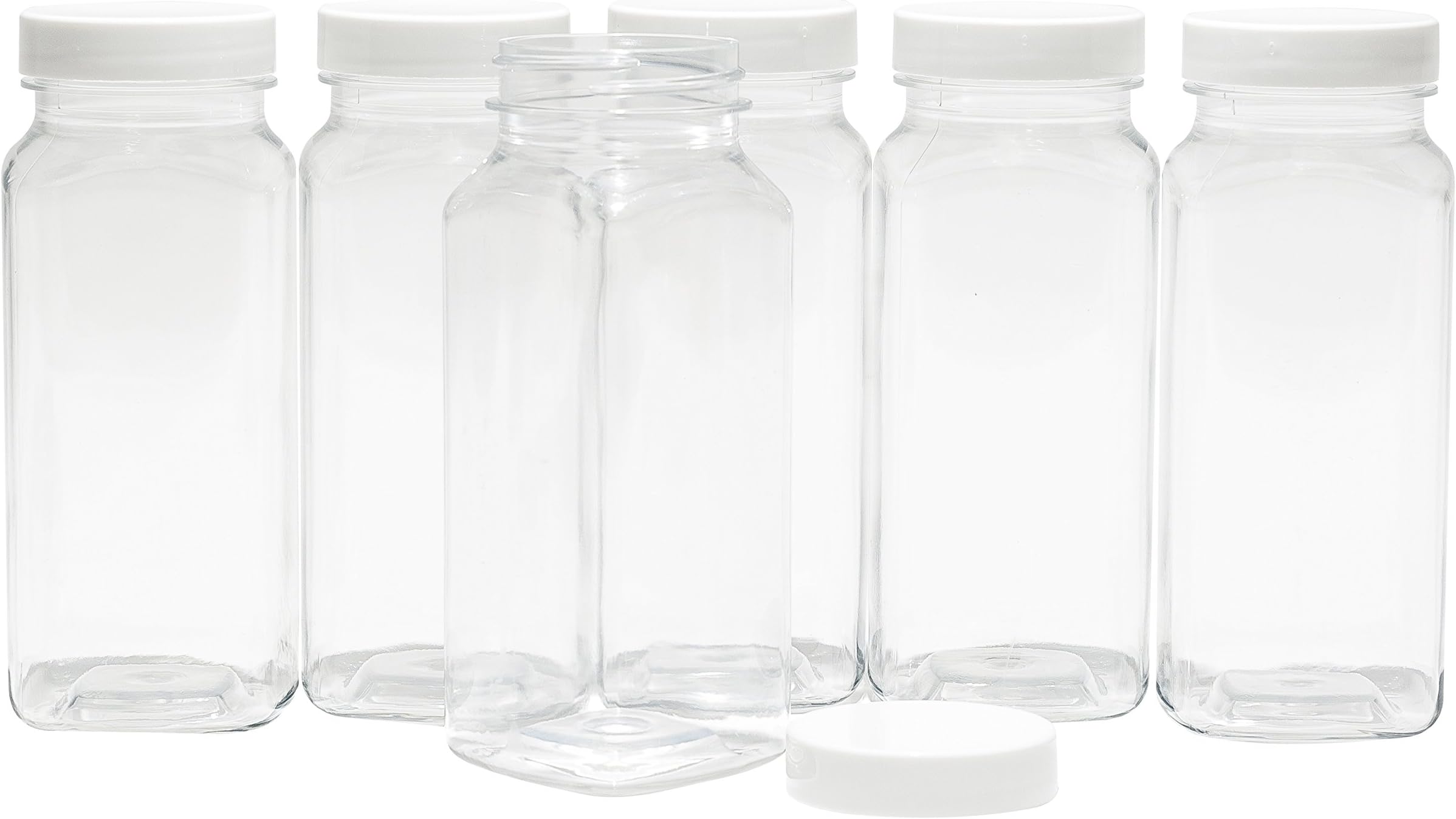 Clear Empty Plastic Square Jars, 8 Ounce, 6-Pack - White Lids - Kitchen Organization, Craft Room, Garage, Travel, Wedding and Party Favors, USA - Includes One 2 Ounce Matching Bottle