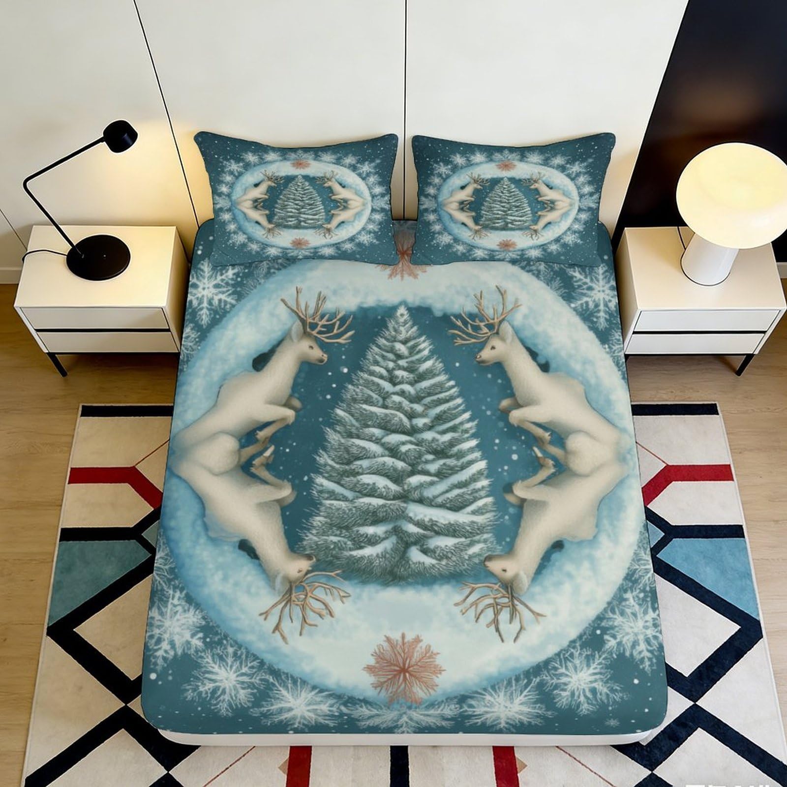 3D Printed Reindeer Christmas Tree Fitted Sheet Microfiber Anti-Slip Snowflake Bed Cover for Bedroom Guest Room Decor 140x200x25cm