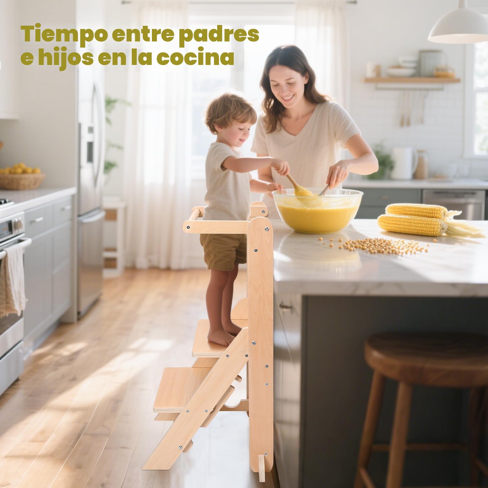 Torre de Aprendizaje Plegable, Torre de observación para niños de 1 a 5 años, Aprendizaje Montessori, ayudante de Cocina de Madera Natural, Segura y fácil de Montar (Capacidad de 50 kg)