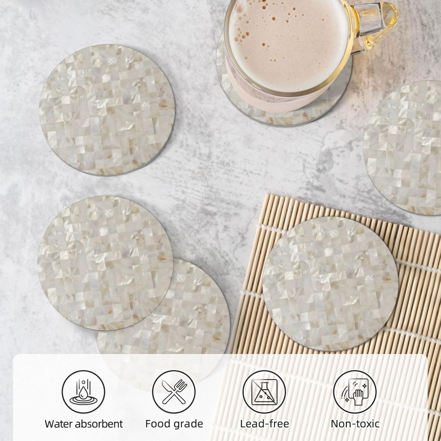 Mother of Pearl, Beige Light Coasters Set of 6, Absorbent Ceramic Coaster with Holder, Modern Style Coaster for Drinks, Beer, Coffee