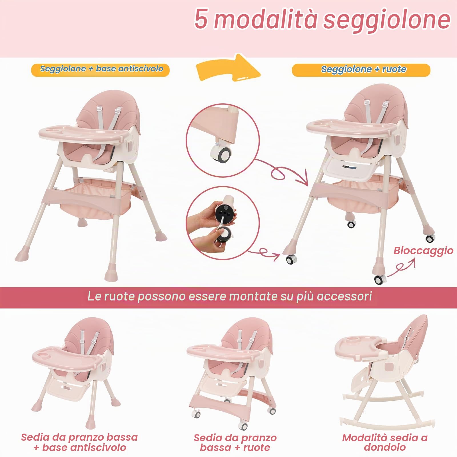 Seggiolone Pappa Evolutivo 3 in 1, Pieghevole, Sedia Reclinabile, con Altezza Regolabile e Poggiapiedi, Vassoio Rimovibile, 3 Schienale Regolabile e Cintura di Sicurezza a 5 Punti, da 6+ Mesi, Rosa