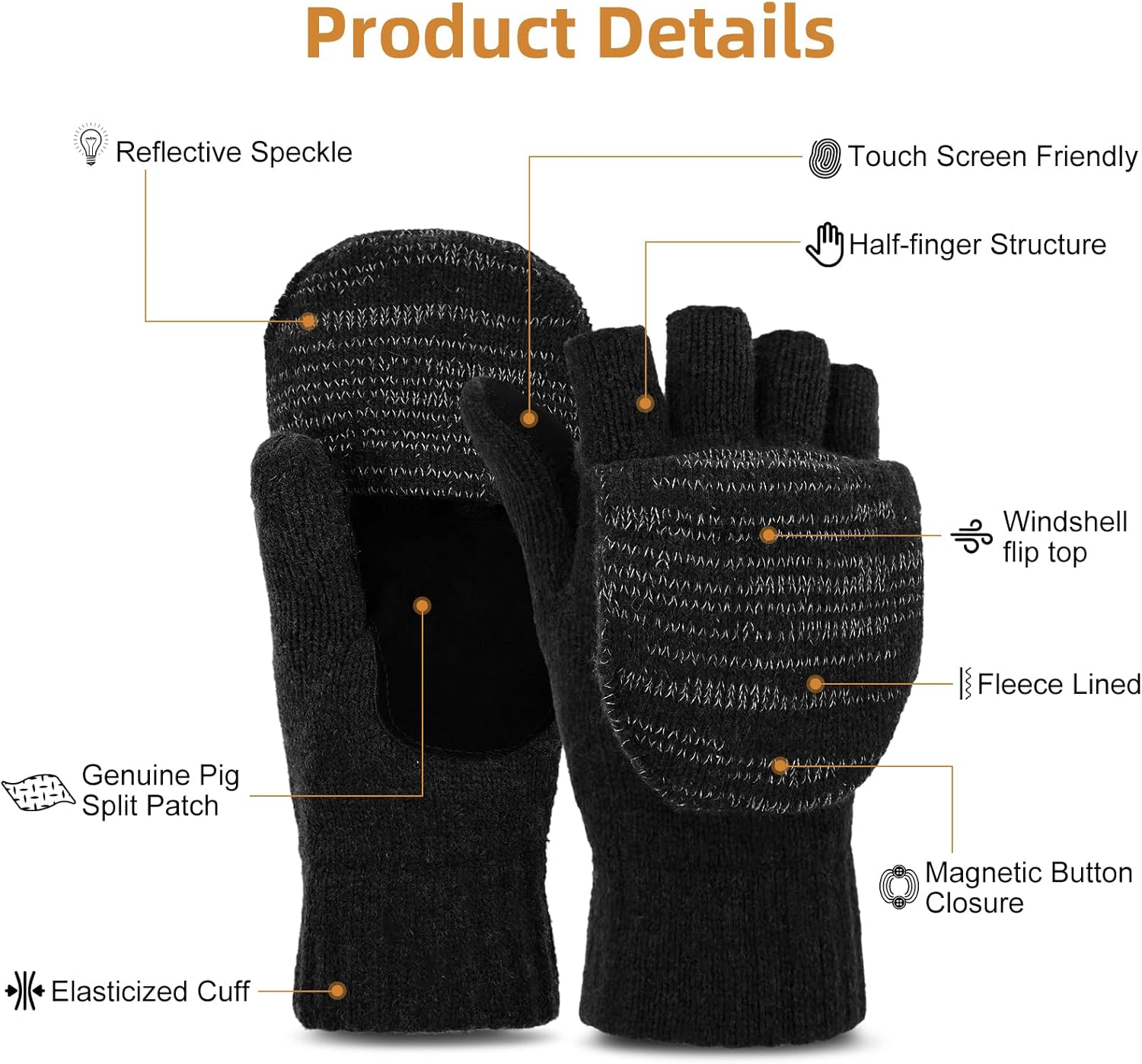 Flip Winter Gloves, Wool Fingerless Gloves for Women Men Cold Weather, Mittens with Reflective for Christmas - Image 6