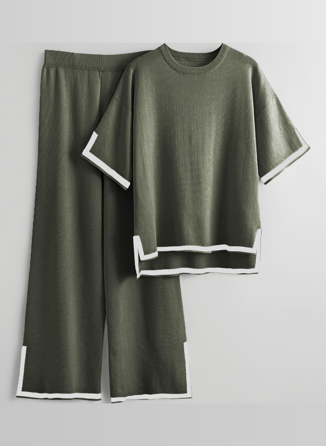 Famulily Women Tracksuits Crew Neck Color Blocked Knit Pullover Tops with High Waisted Wide Leg Pants Side Split Hem S-XL