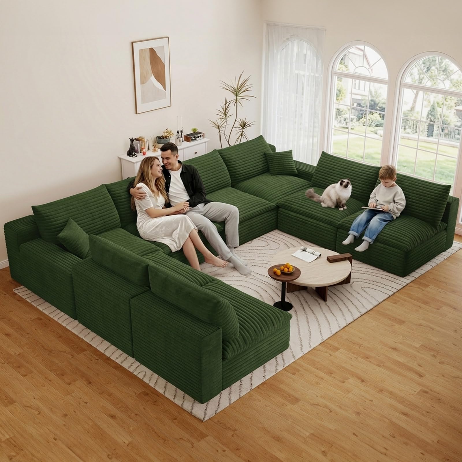 136" Cloud Couch Modular Sectional Sofa for Living Room, U-Shape Boneless Couch with Deep Seat, Modern Corduroy 8-Seater, No Assembly Required, Green
