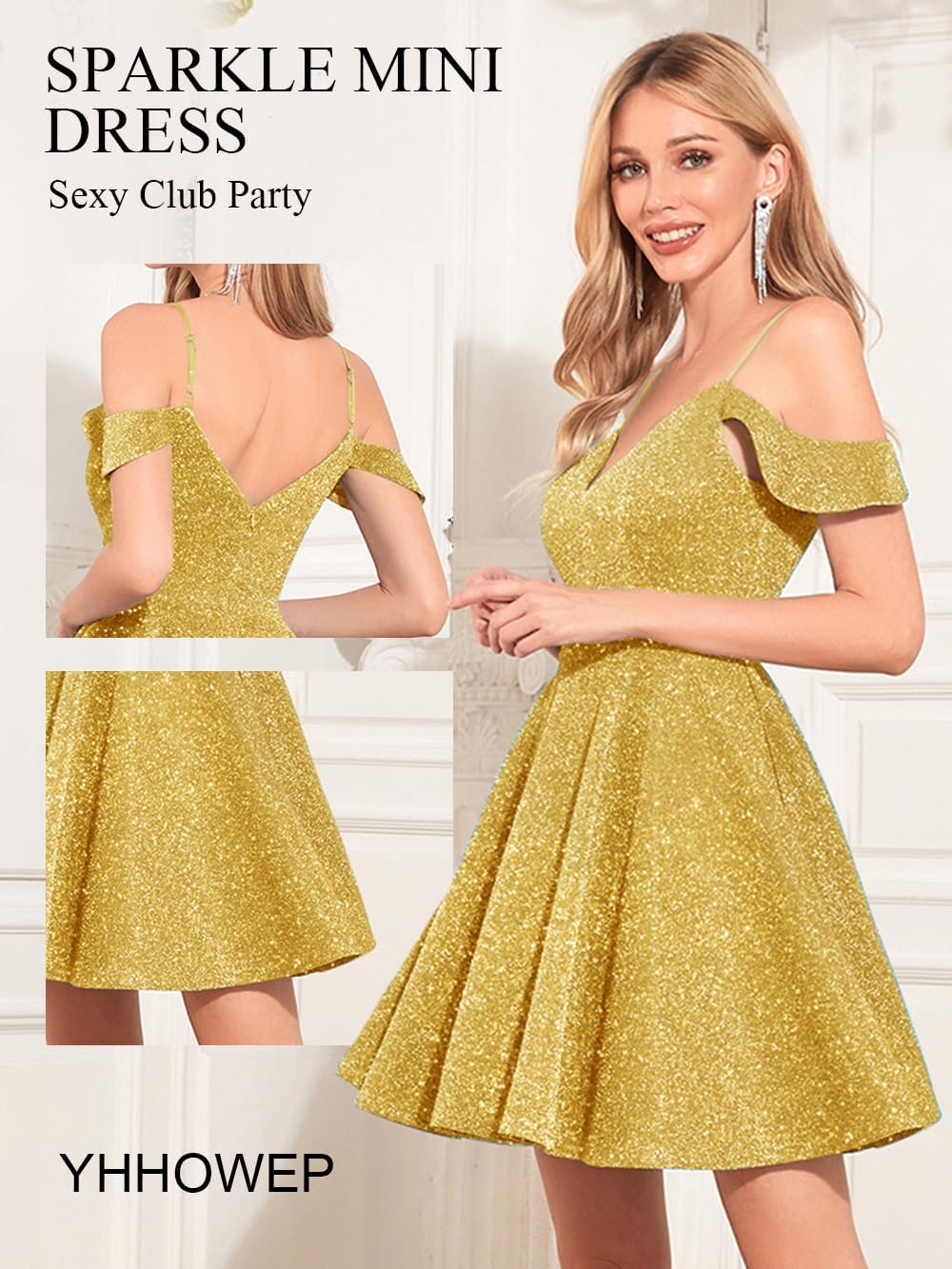 Women's Sequin Sparkly Mini Dress Off Shoulder Backless V Neck Cocktail Club Party Dress - Image 4
