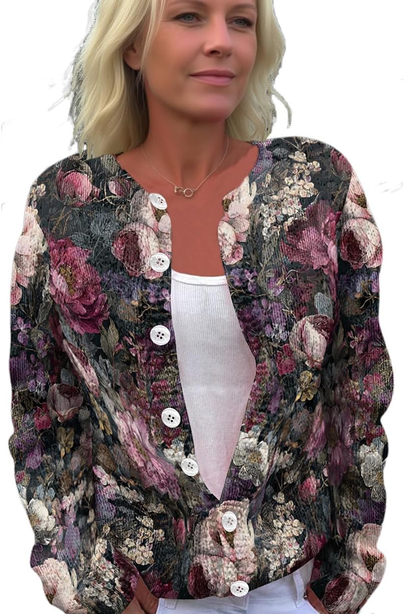 Women's Fall Floral Cardigans Sweaters Button Oversized Long Sleeve Open Front Sweaters Plus Size Cozy Coats Tops Outfits