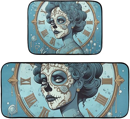 ZENWAWA Kitchen Mats for Floor 2 Piece Set Skull Face Woman Print, Anti Skid Cushioned Water Absorbent Kitchen Rugs Door Mat Floor Mats for Kitchen