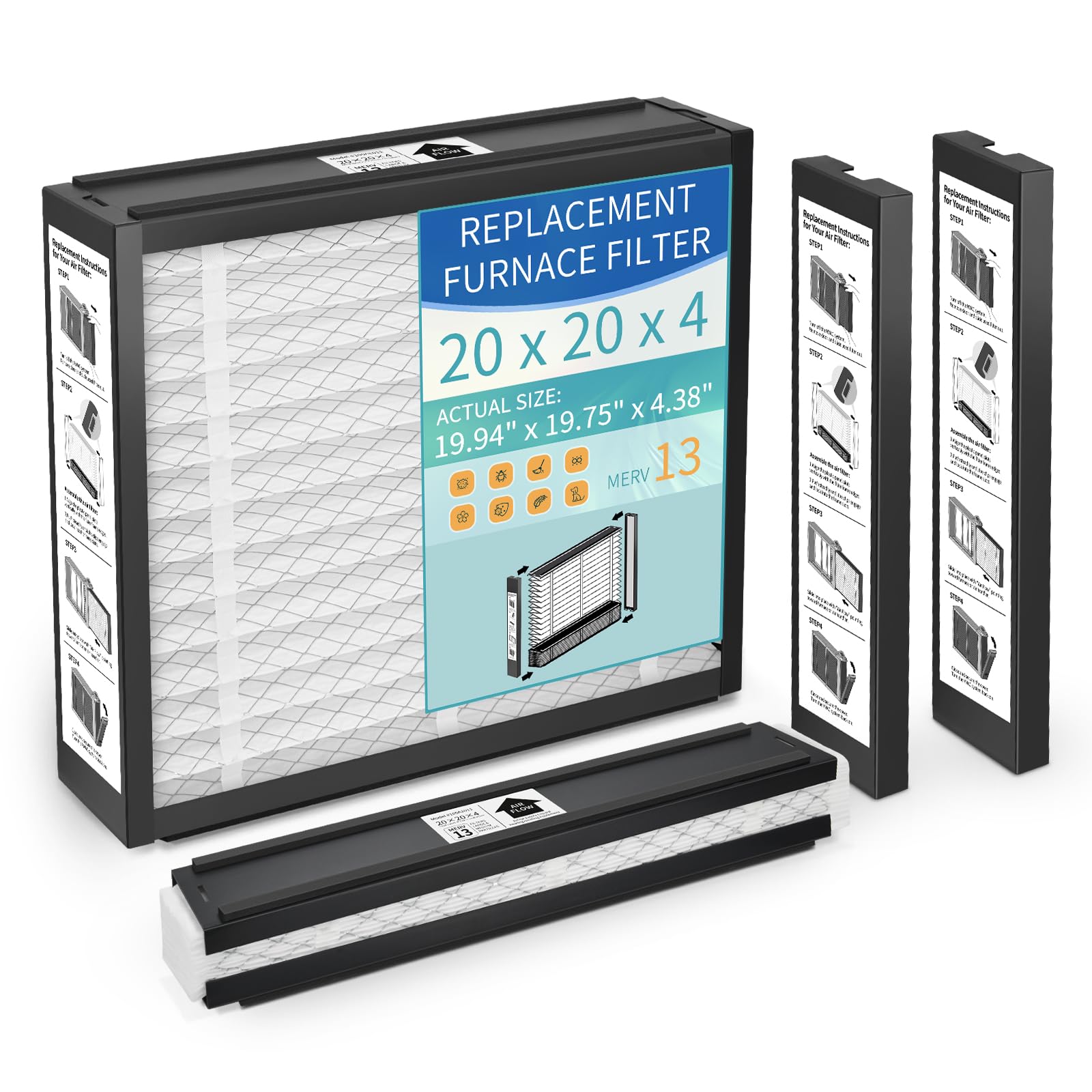 2-pack 20x20x4 inches replacement air filter for honeywell fc100a1011, lennox x0585 merv 13 allergy & dust defense, pleated hvac ac furnace filters(actual size: 19.94 x 19.75 x 4.38 inches)