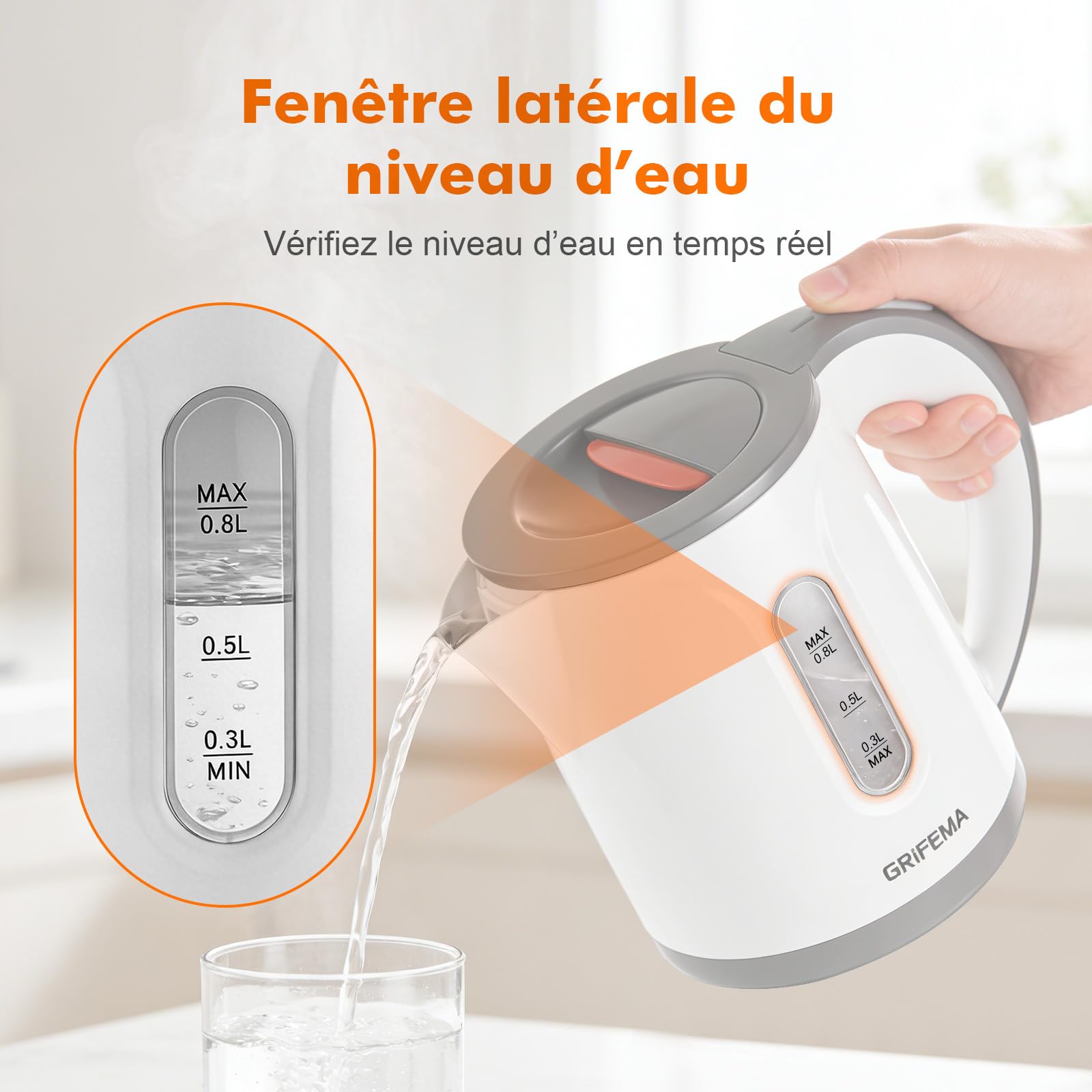 GRIFEMA GC1001 Bouilloire Électrique 0,8L 1100W Filtre Anti-Calcaire Amovible Arrêt Automatique