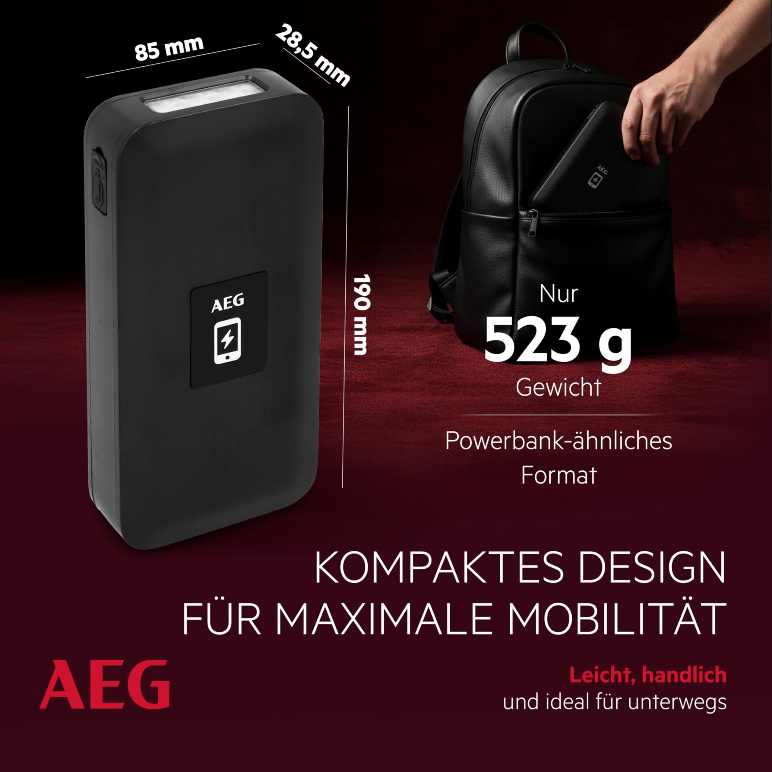 AEG Jumpstarter JS15, Auto Starthilfe, Powerbank für kabelloses Laden, mit integrierter LED-Lampe, mit Li-Ion-Akku, 400A/1500A, schwarz