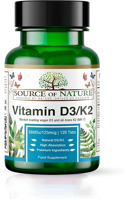 Source of Nature® | Witamina D3 + K2 | 120 tabletek | 5500iu D3 + 125mcg K2 (99,7% MK7) |100% Wegańska | Raz w tygodniu | Naturalne składniki | Przebadana laboratoryjnie
