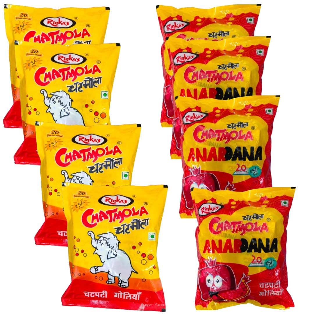 Rinka’s Chatmola and Anardana Packet - 20 sachets in each Pouch | Chatmola Goli | Chatpati Goli | Chatmola Candy | | Freshener, Digestive,After-Meal | Anardana Churan Goli Pachak, Pomegranate Candy | Chatmola Candy | Khatti Mitti Goli | Chamola Goli Packet | Pack of 6