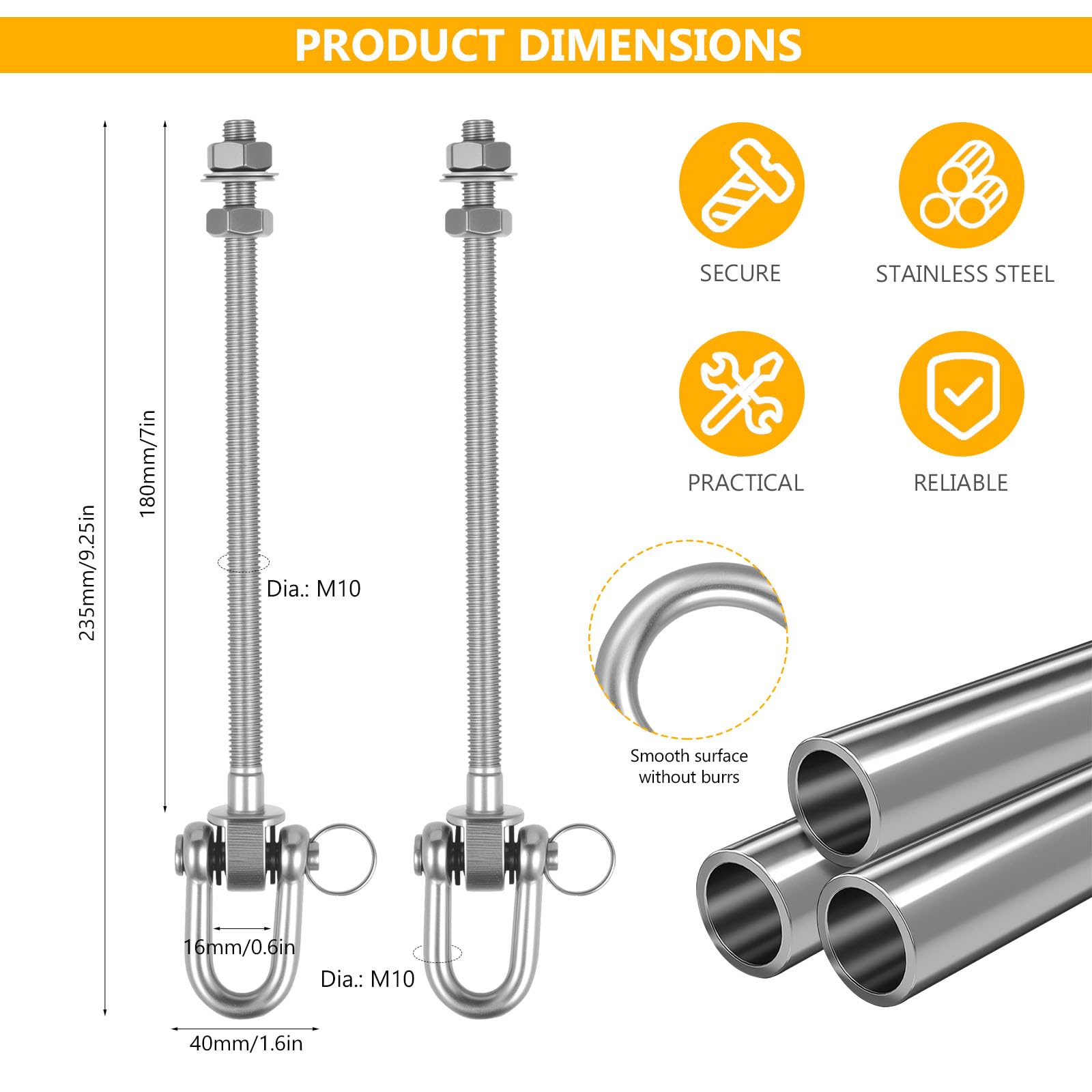 2 Pz Ganci per Fissare Altalena con Cuscinetti, 235 mm 180° Ganci da Soffitto per Altalena in Acciaio Inox, M10 Bulloni Gancio di Montaggio Girevole per Poltrona Sospesa Sacco da Boxe da Yoga