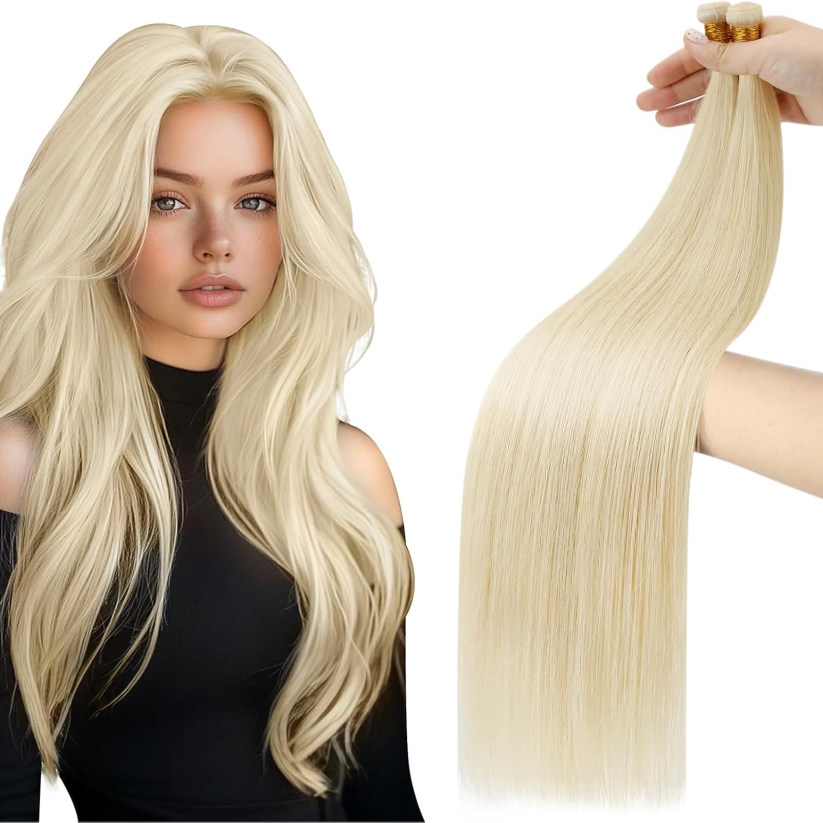 Moresoo Butterfly Weft Hair Extensions Remy Human Hair Ash Blonde Highlight Bleached Blonde 18 Inch OVO Weft Hair Extensions Human Hair Ash Blonde Highlight 100g/pack #18/613 — view 42