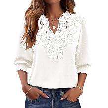 AKEWEI Womens 3/4 Sleeve Tops V Neck Shirts Loose Fit Chiffon Blouses Flowy Lace Swiss Dot Boho 2026
