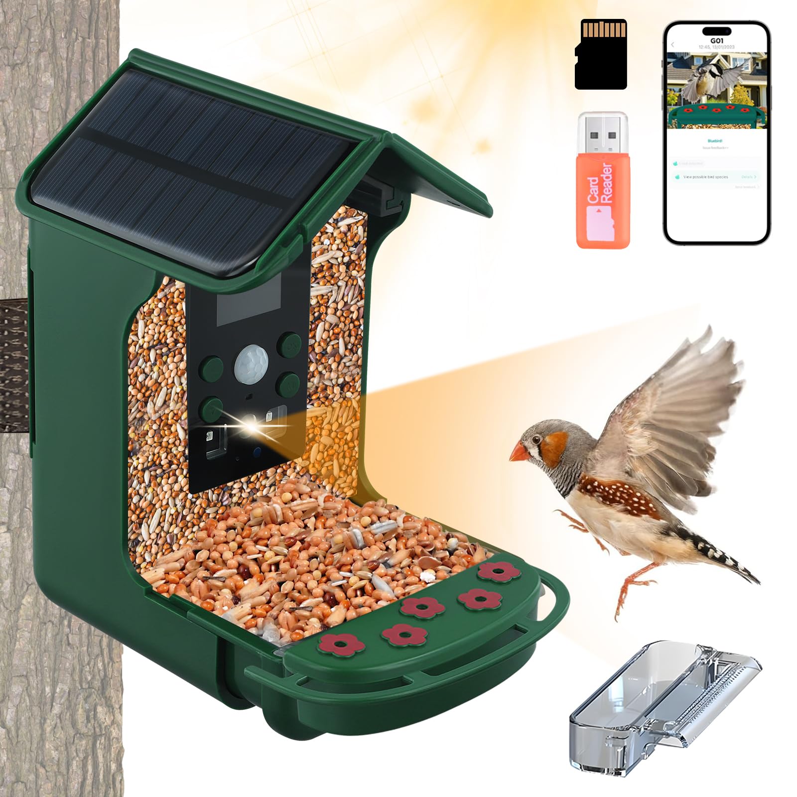 Mangeoire Oiseaux Camera, HD 1080P Intelligente Camera Nichoir avec Caméra et 5W Panneau Solaire, Nichoir Oiseaux Exterieur Caméra IP65 Etanche, Capture Automatique des Images, 32G Carte