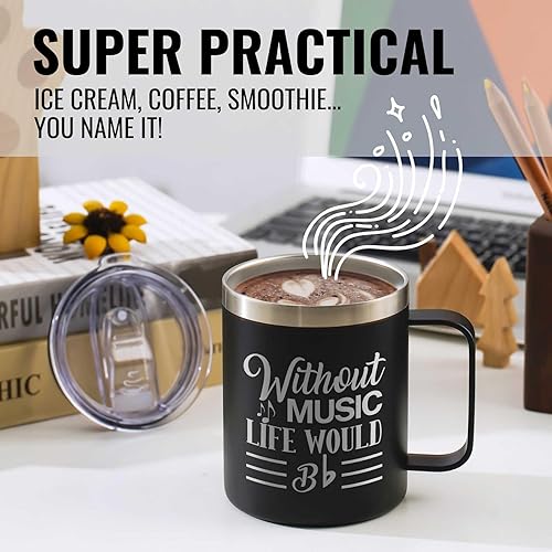 Miniatura 2 de Onebttl Regalos para Amantes de la Música para Hombres, Masculino, Para Él - Sin Música la Vida Sería Plana - 12 oz  350 ml Tazas Aisladas con Tapa