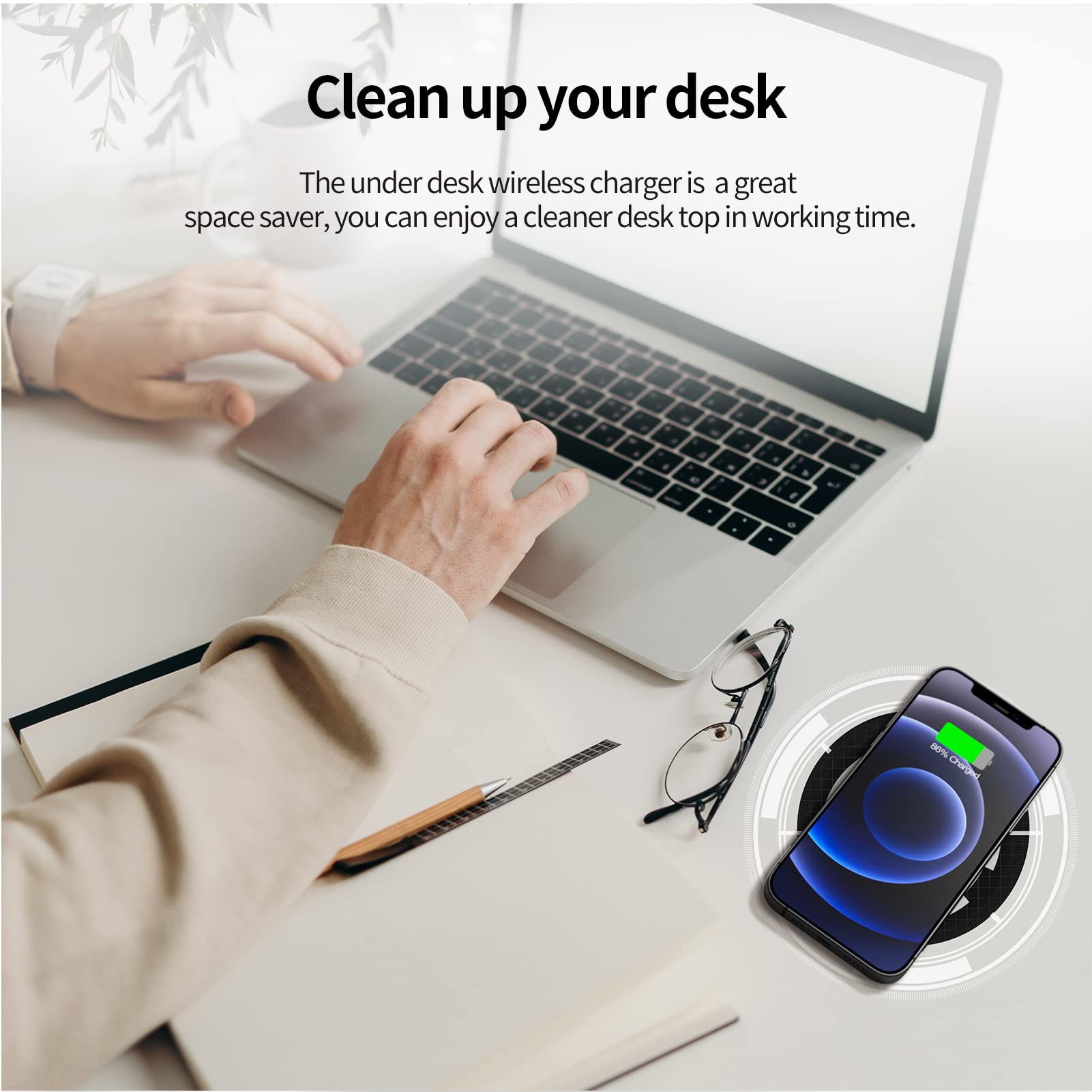 Cargador inalámbrico Invisible, Cargador QI de 10-30 mm Debajo de la Mesa Carga inalámbrica de 10 W para i-Phone 14/13/12/11/X/8 y Todos los Dispositivos estándar Qi