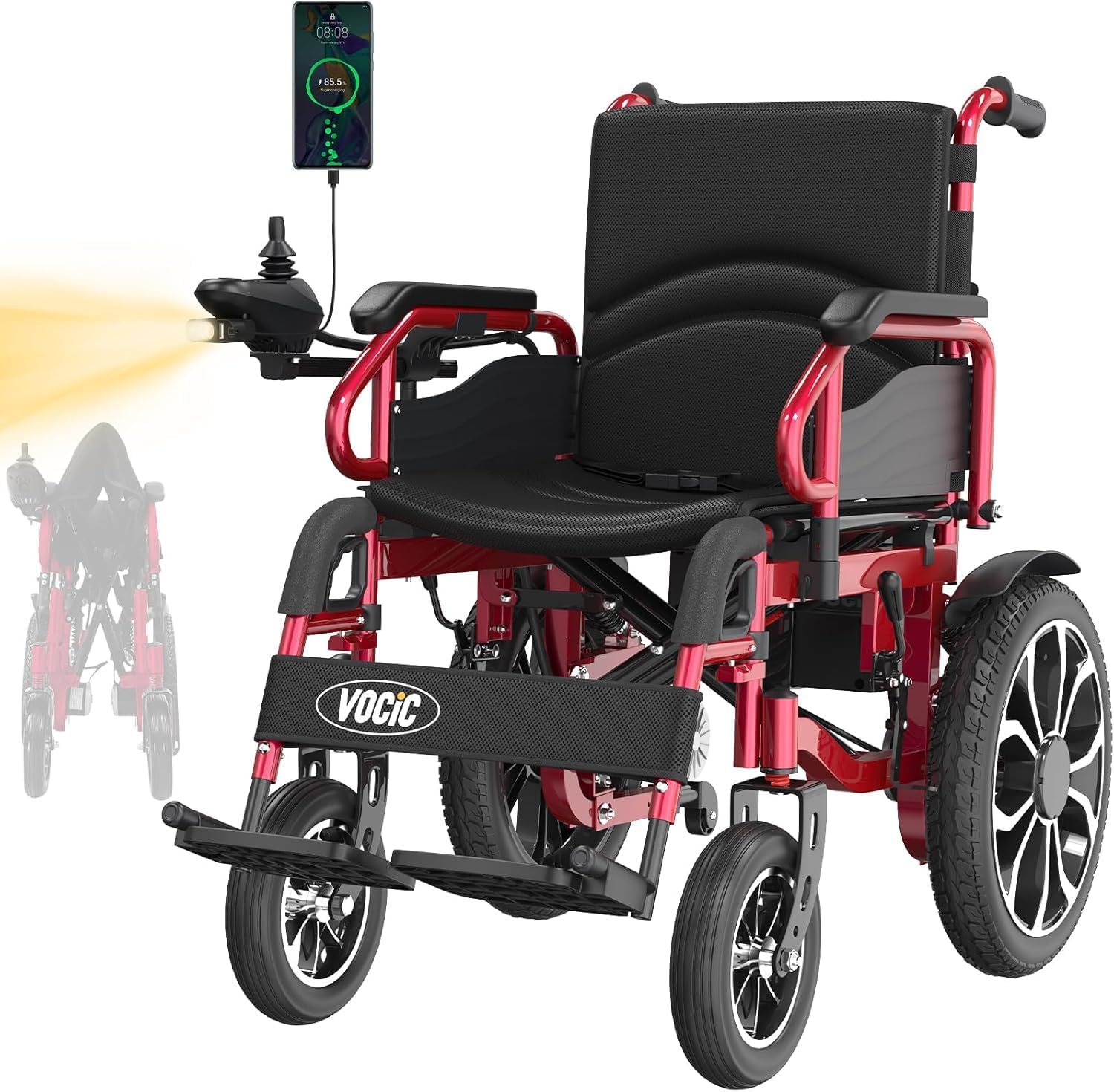 VOCIC V56 Silla de ruedas electrica plegable ligera 150KG,30KM silla ruedas electrico estable con neumáticos de goma 40CM para todos los terrenos,Aprobado por la aerolínea,Garantía de 5 años (Rojo)