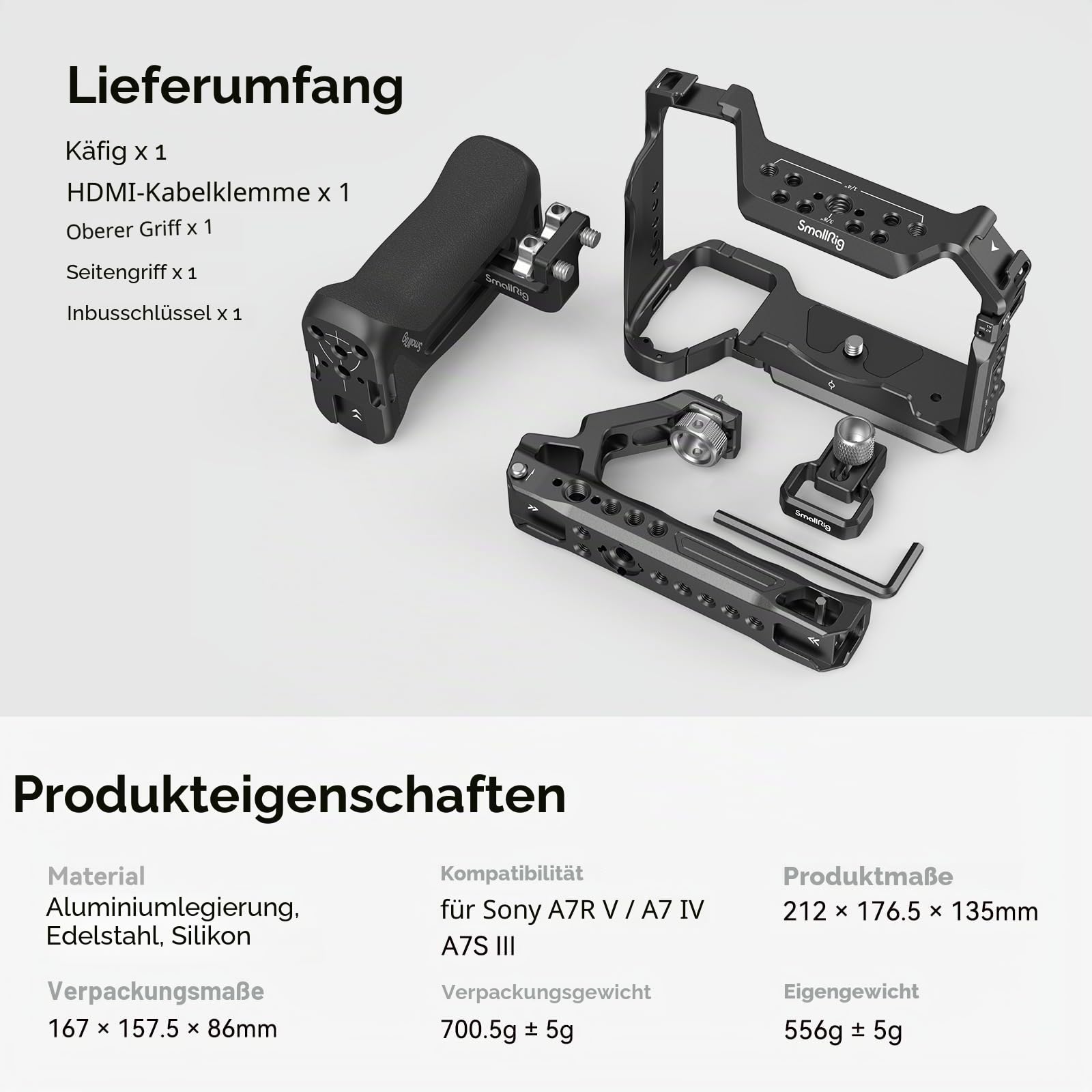 SMALLRIG HawkLock Schnellwechsel-Cage-Kit für Sony Alpha 7R V/Alpha 7S III/Alpha 1/Alpha 7R IV/Alpha 7 IV/Alpha 7 V, Vollkäfig mit oberem & seitlichem Griff, Kabelklemme (verbesserte Version) - 3669D