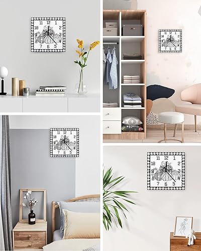 Miniatura 4 de Thanksgiving Wooden Wall Clock Silent Non Ticking, Black Line Hand Draw Pumpkins Plaid Fall Square Wall Clock Battery Operated, Decor Clock for Home