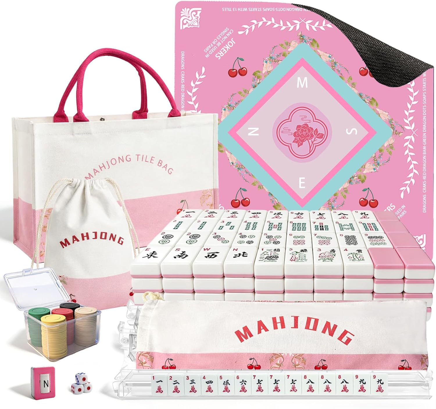 American Mahjong Tiles Set with Noise Reducing Mahjong Mat, 166 Pink Mahjong Game with Portable Storage Bags, 4 All-in-One Color Rack/Pushers, Scoring, Plastic Coins Dices for Adults & Beginners