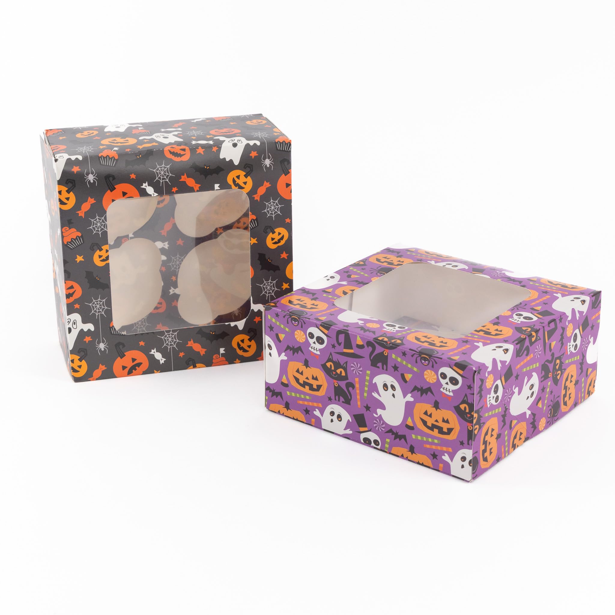 evelay Halloween Cupcake Boxes - Holds 4 Standard Cupcakes - Mixed Spooky Designs with Window & Inserts for Treats, Sweets and Chocolates (Pack of 2)