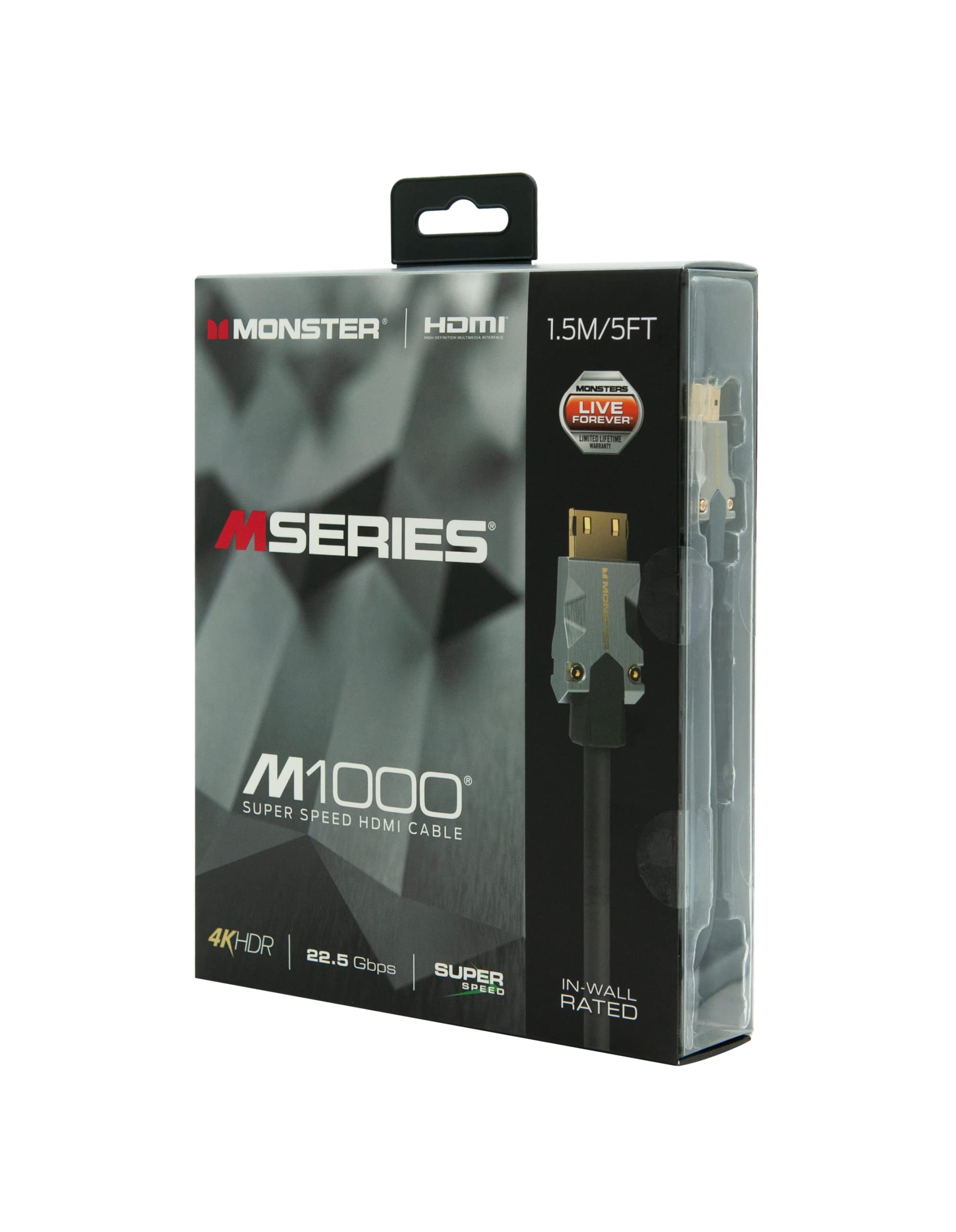 MONSTER - Câble HDMI - Résolution 4K - Vidéo HDR10-22,5 GBPS - Vitesse Éclair - Connecteurs V-Grip - Triple Blindage - 1,5 Mètres - Garanti à Vie - Noir