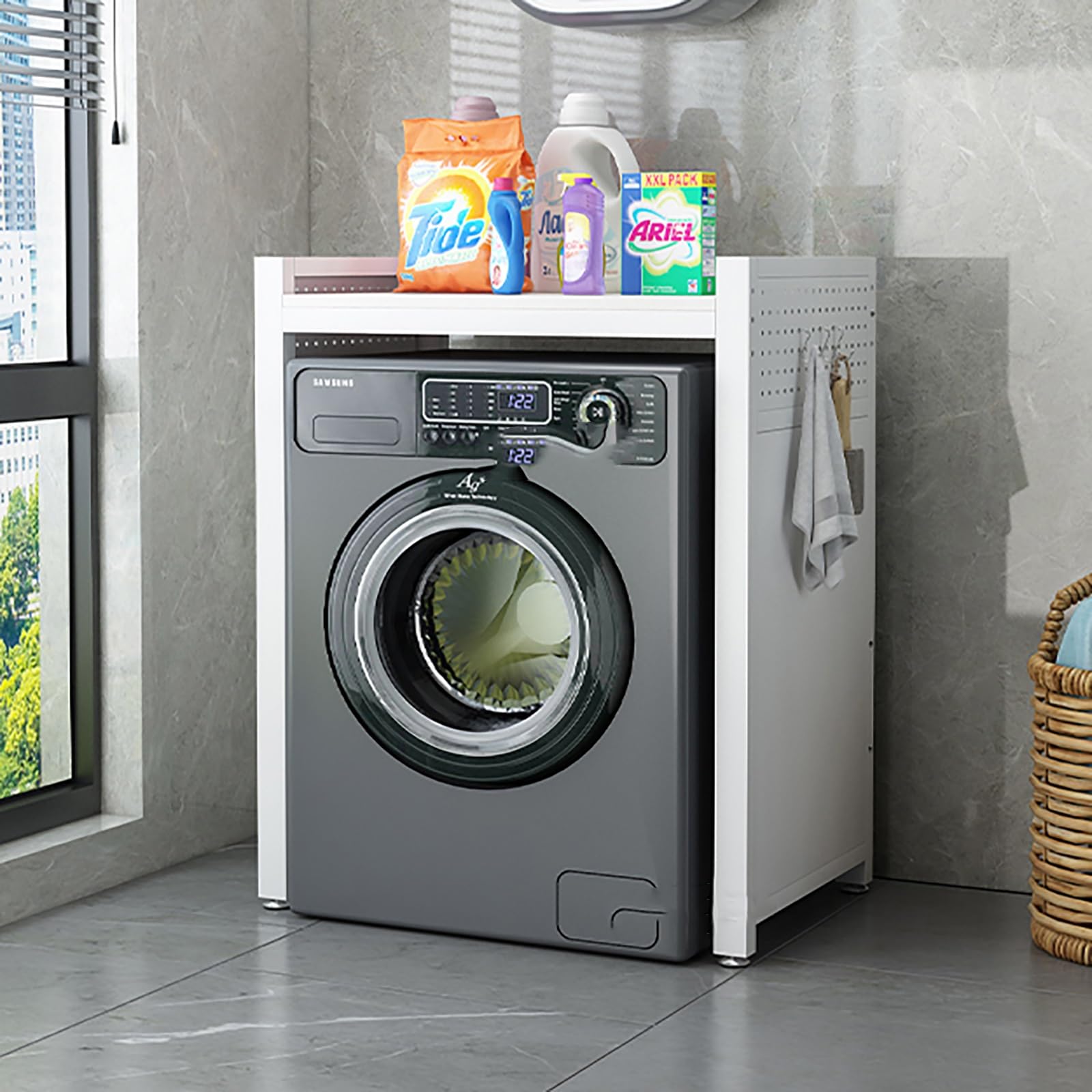 Mueble Lavadora Secadora Exterior,Soporte Para Secadora Con Estante,Unidad De Almacenamiento De Máquina Sobre Lavadora,Estantería Para Lavadoras,Encima Del Estante De La Lavadora(White)