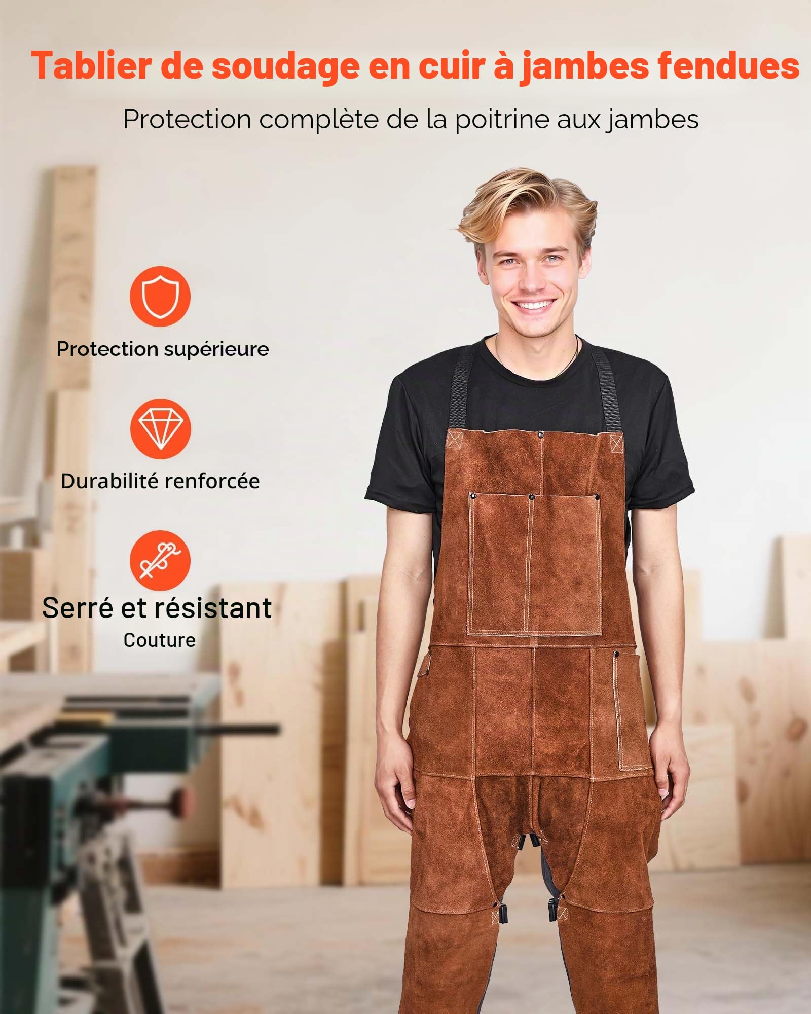 VEVOR Tablier de Soudage Jambe Fendue Pantalon de Soudage Cuir de Vachette Homme (lot de 1)