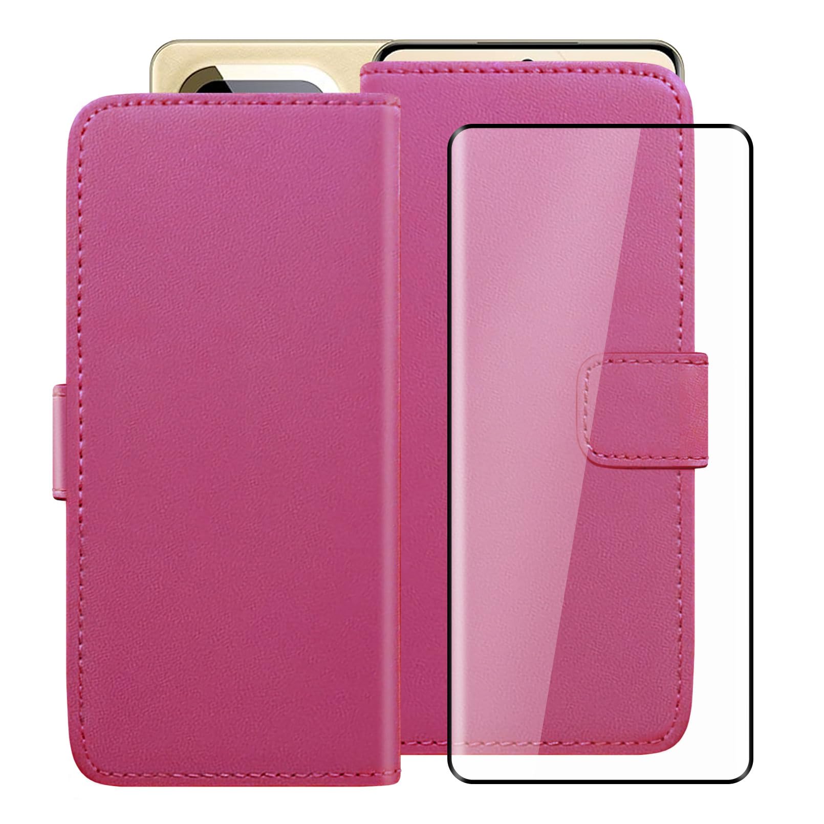 Wallet Case for Realme 16 Pro+ (6.80") with 1 X Tempered Glass Protective Film, Flip PU Leather Multi-Angle Stand Shell, with Shockproof Soft TPU Lining Phone Cover - Rosered