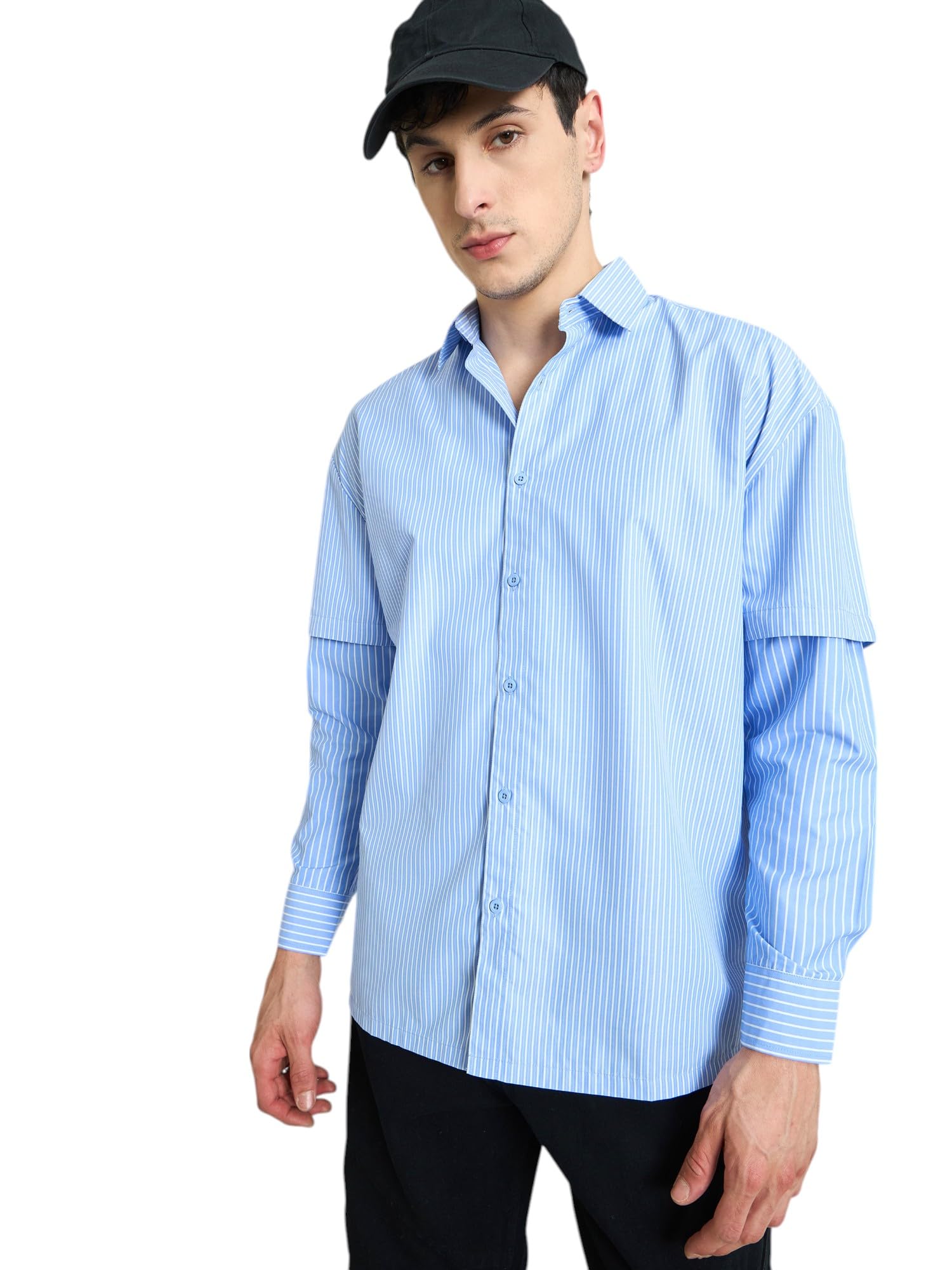 SASSAFRAS Blue & White Stripes Overlap Sleeve Relax Fit Shirt in white