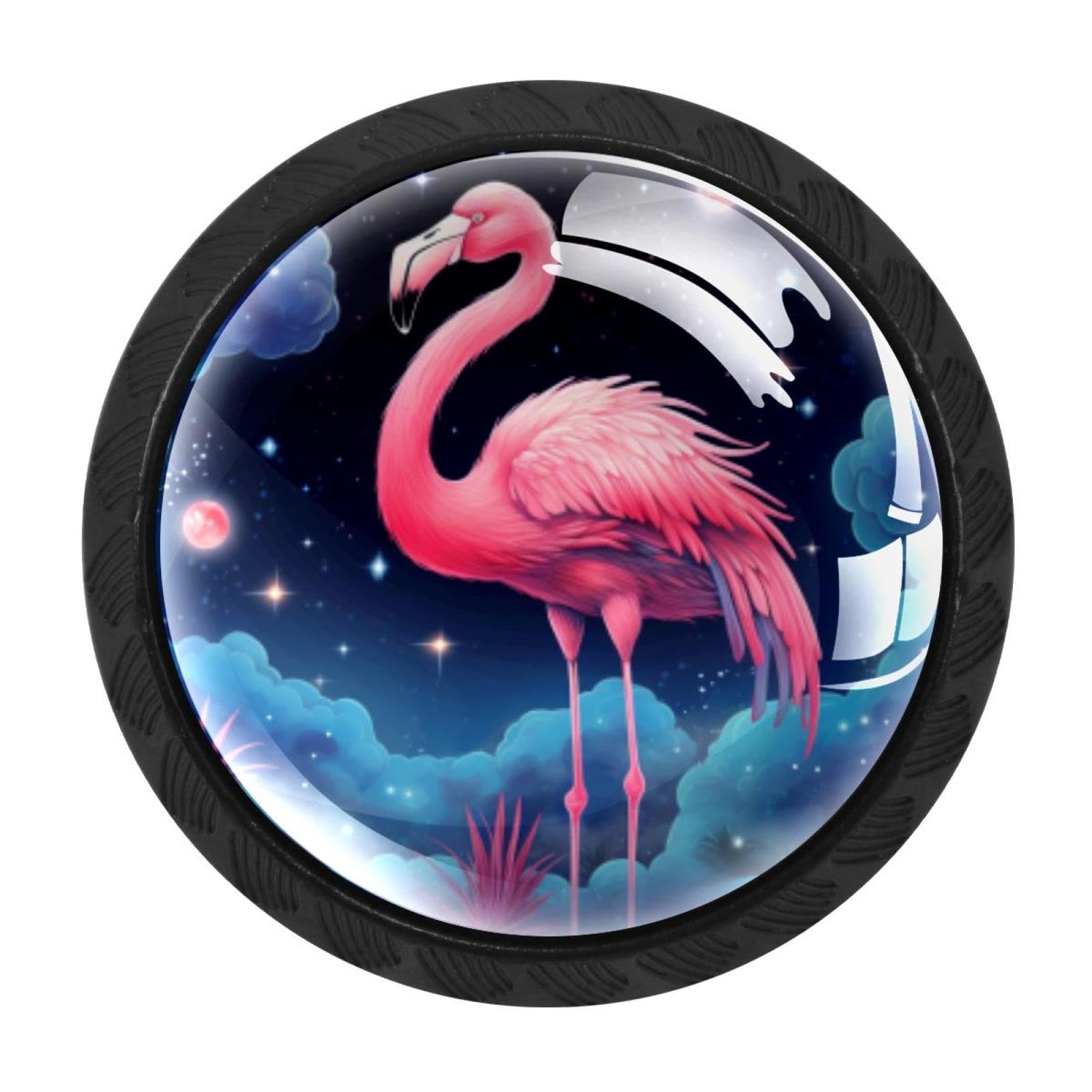 CHENZZZZ 4 Pieces Starry Flamingos Drawer Knobs, 35mm Black Kitchen Cabinet Knobs, Drawer Pulls and Knobs, Glass Cabinet Hardware Single Hole Knob for Cabinets and Drawers Round