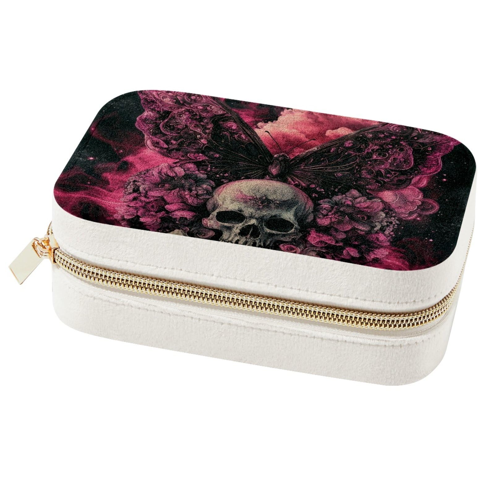 Boîte à bijoux portable tête de mort et papillon rose pour voyage