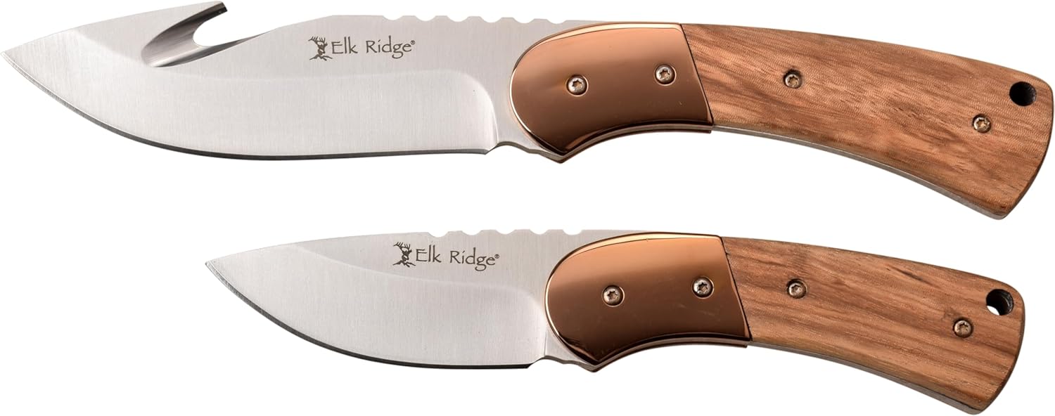 Elk Ridge - Fixed Blade Knife Set - Includes 1 Gut Hook and 1 Plain Blade Knife - 8-in Overall, with Sheath - Hunting, Camping, Survival (Black)