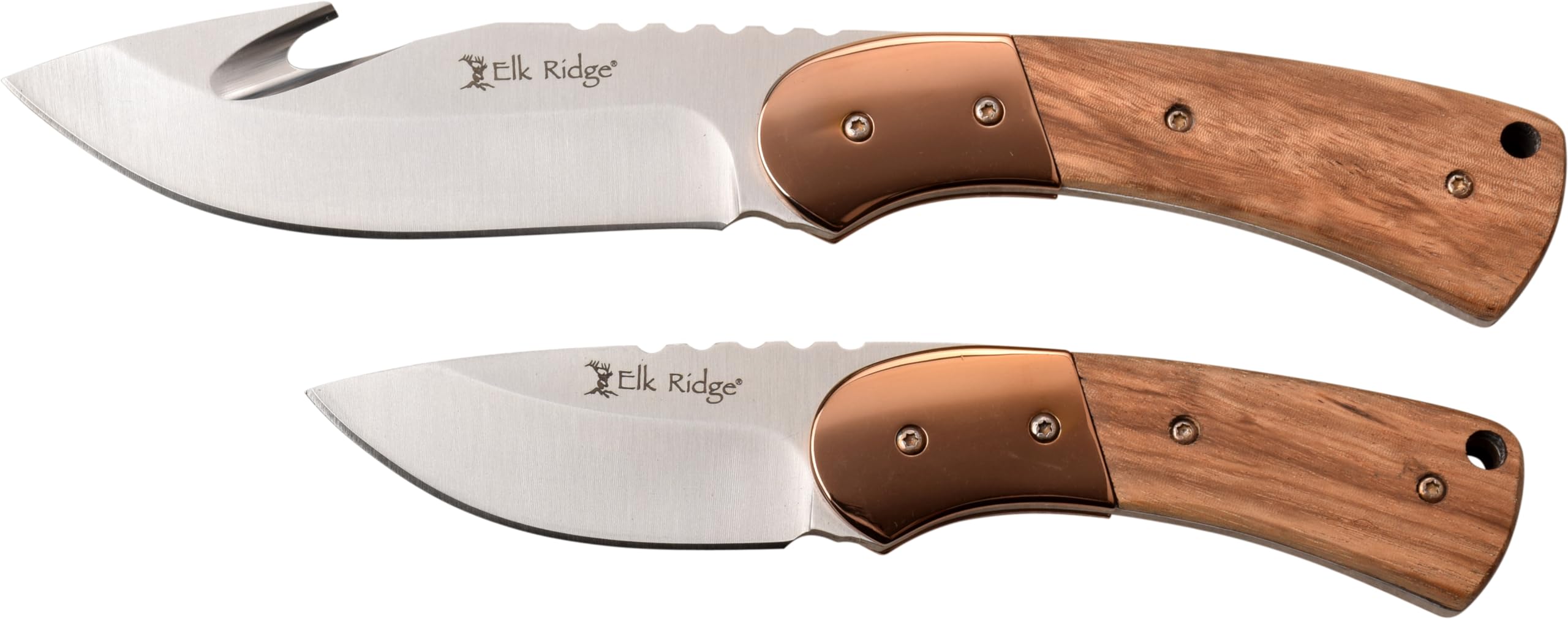 Elk Ridge - Fixed Blade Knife Set - Includes 1 Gut Hook and 1 Plain Blade Knife - 8-in Overall, Brown Wood Handle with TiNite Coated Bolster, Leather Combo Sheath - Hunting, Camping, Survival