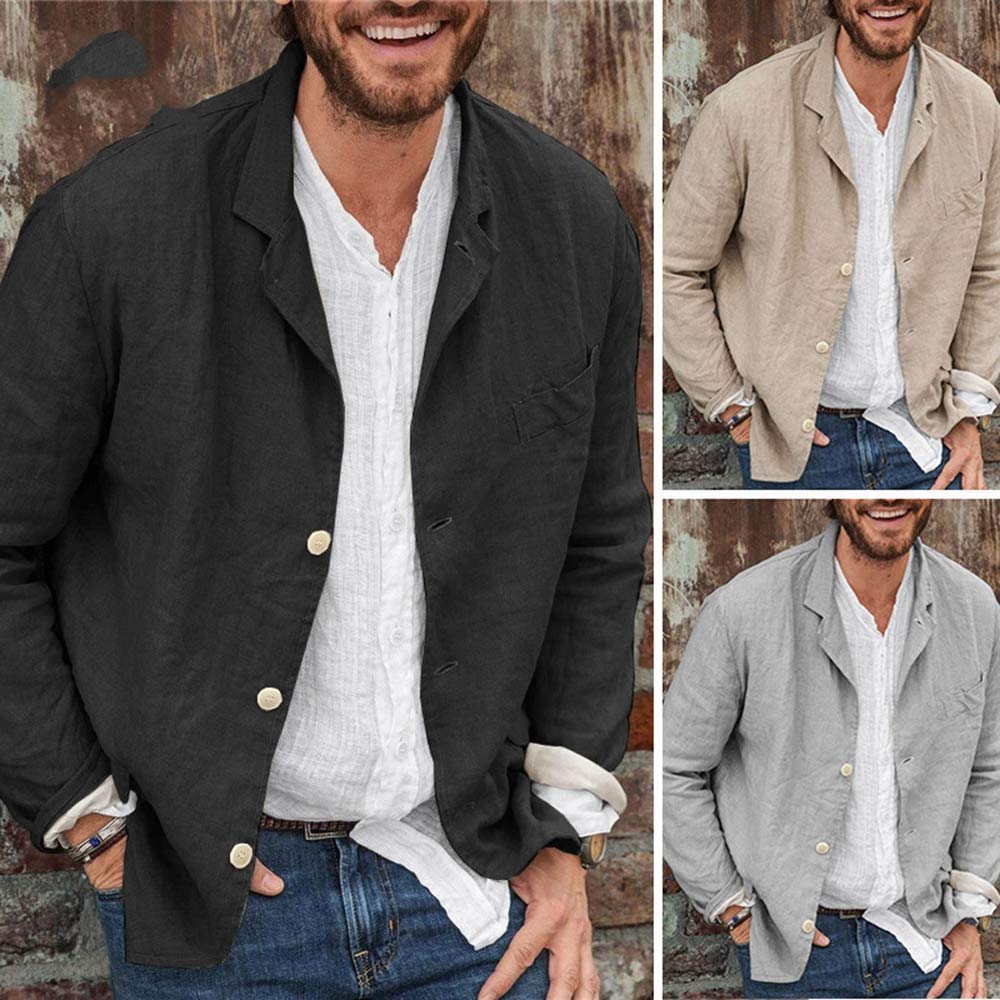 Chaqueta casual de algodón y lino para hombre, con tres botones, color liso, holgada