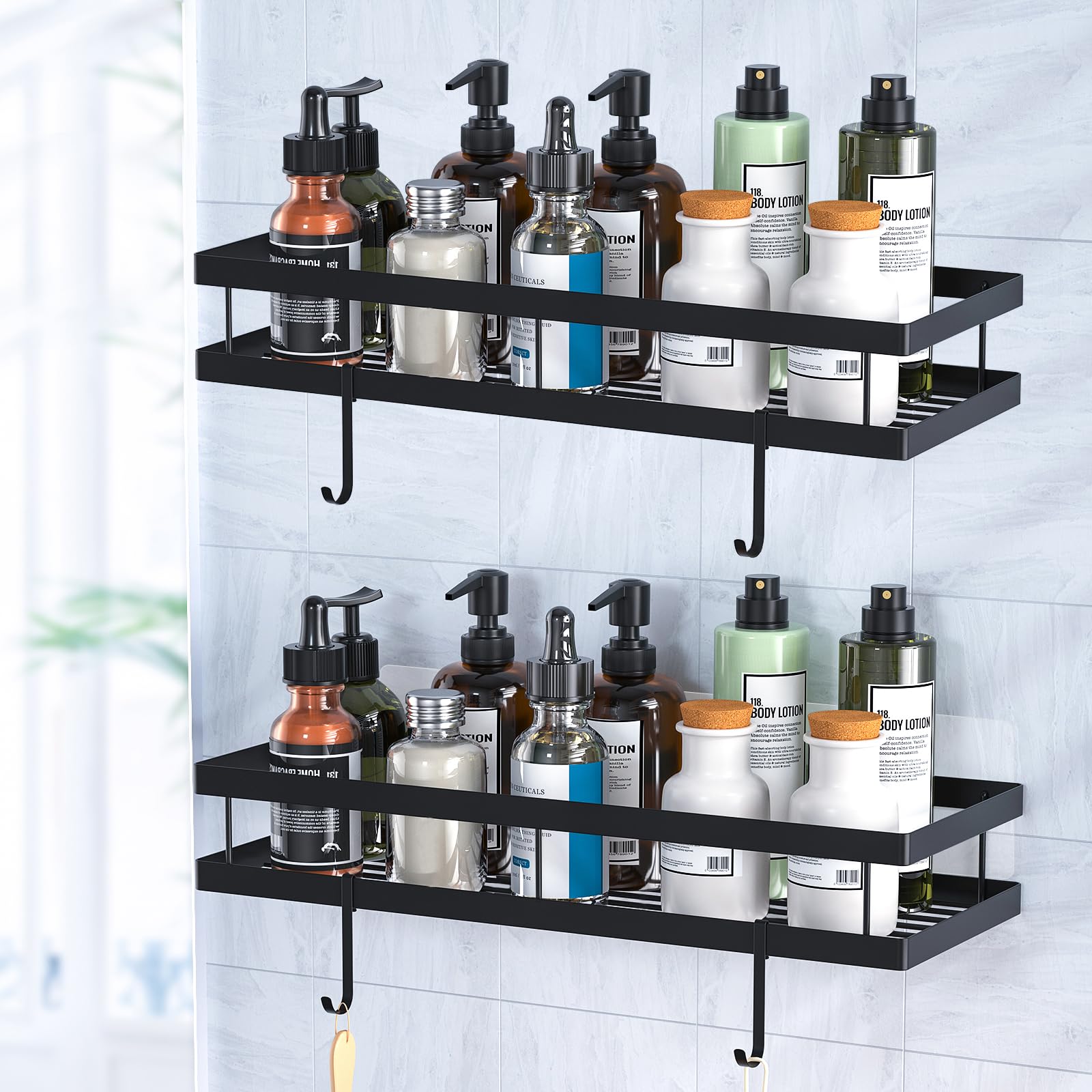 Bestdon Duschablage ohne Bohren, 2 Stück Badezimmer Organizer, Rostfreie Duschregal Schwarz Badregal Shampoo Halterung mit 4 Haken für Bad und Küche
