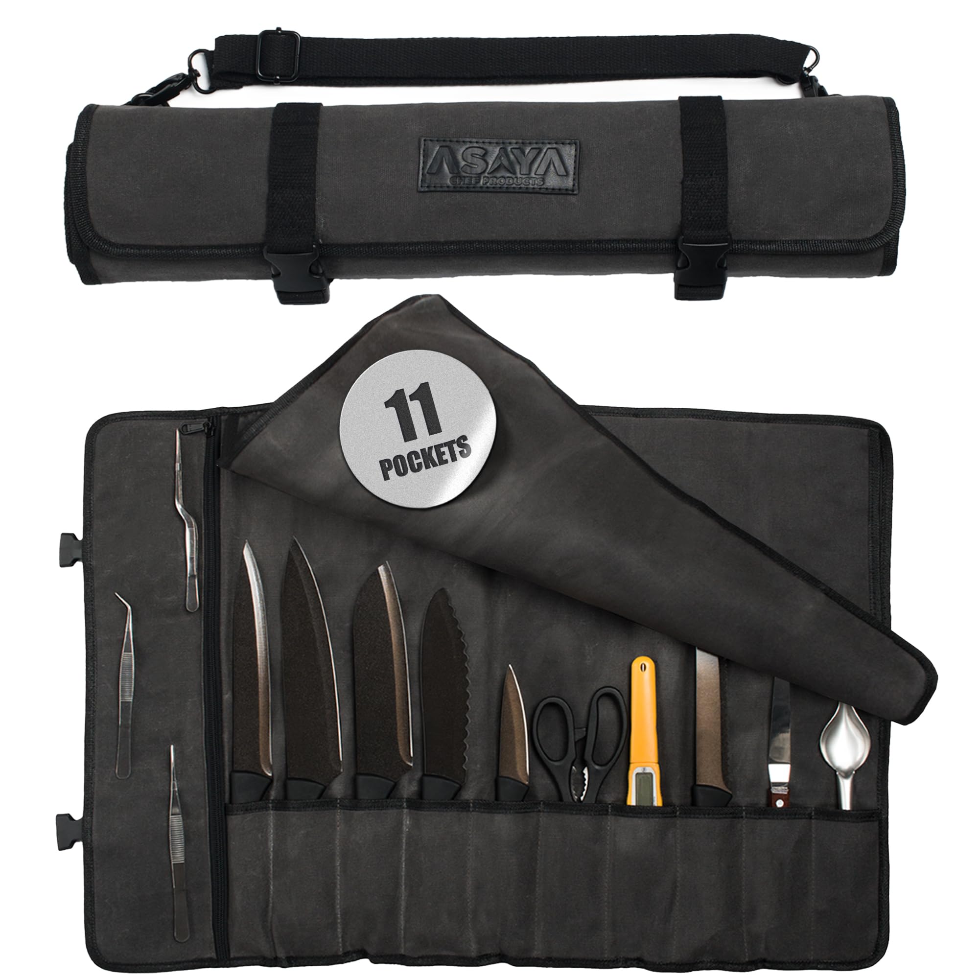 Asaya Canvas Chef Knife Roll Bag - 10 Knife Slots and a Large Zipper Pocket - Durable 10oz Canvas Knife Case with an Adjustable Shoulder Strap - Knives not Included