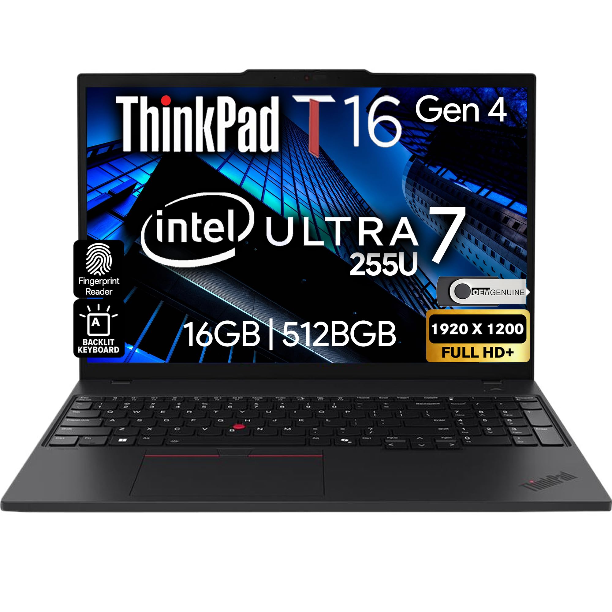 Photo 1 of Lenovo ThinkPad T16 Gen 4 AI Business Laptop 16” FHD+ Display, Intel Ultra 7 255U (Beats i7-1355U), 16GB DDR5 RAM, 512GB SSD, 5MB Webcam, Fingerprint, Backlit KB, WiFi 6E + BT, RJ-45, HDMI, Win 11 Pro
