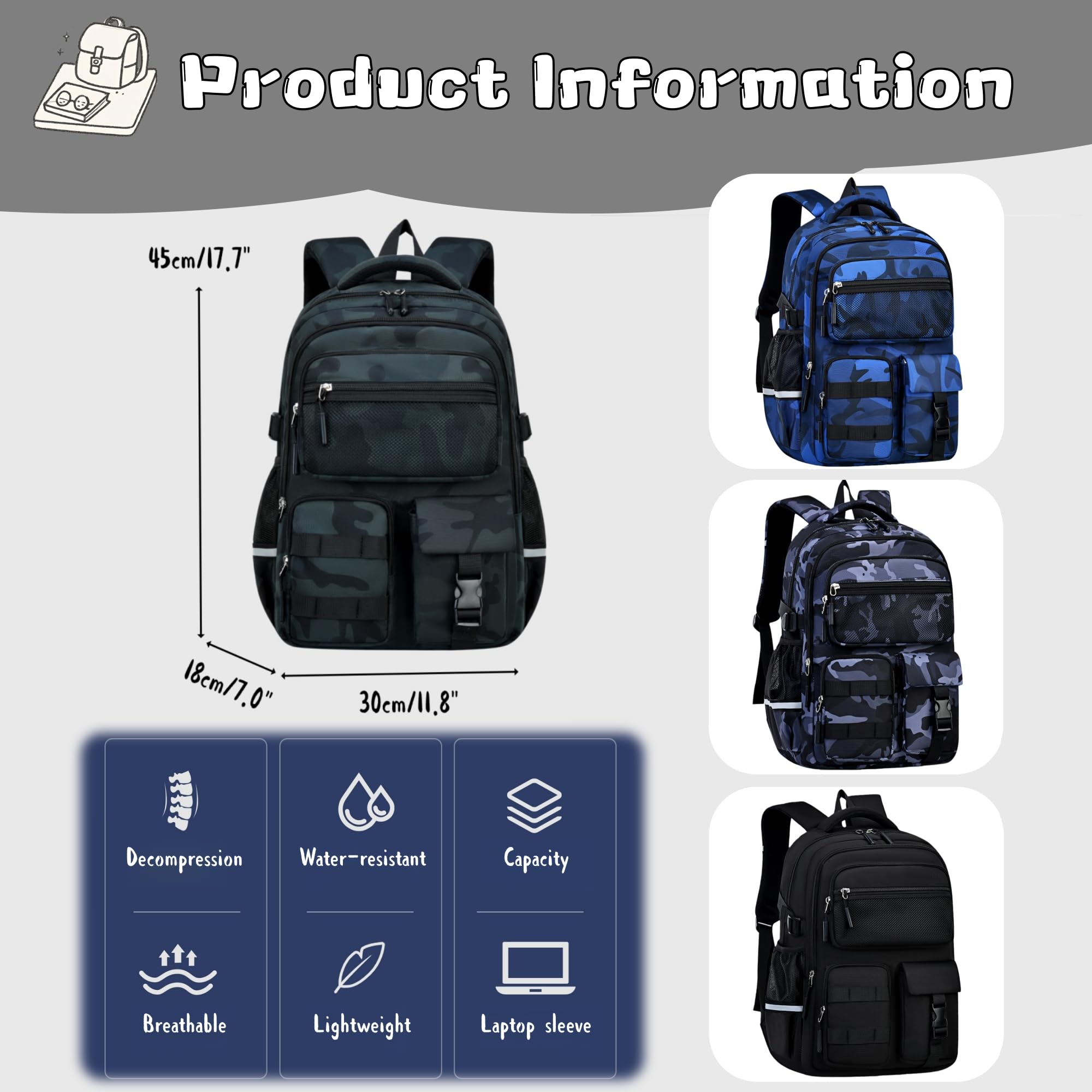 Zaino per ragazzi per bambini zaino scuola blu mimetico multi-tasca zaino zaino, Mimetico 03, L/24L