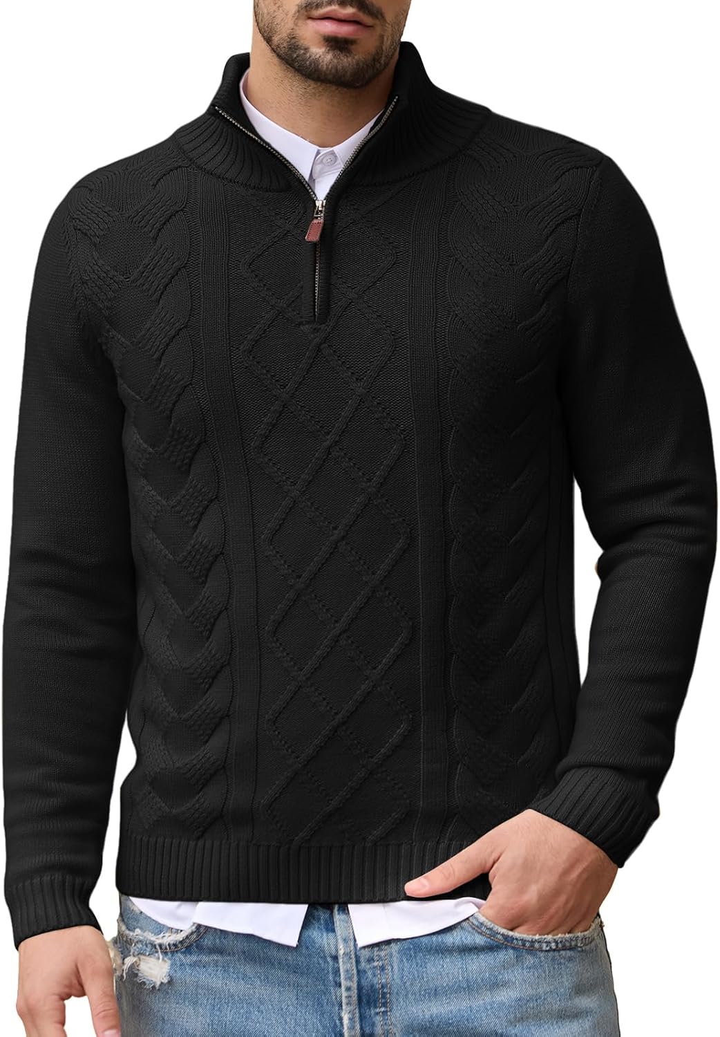 Les umes Mens Quarter Zip Sweater Cotton Mock Neck Pullover Sweaters Warm Long Sleeve Cable Knitted Jumper