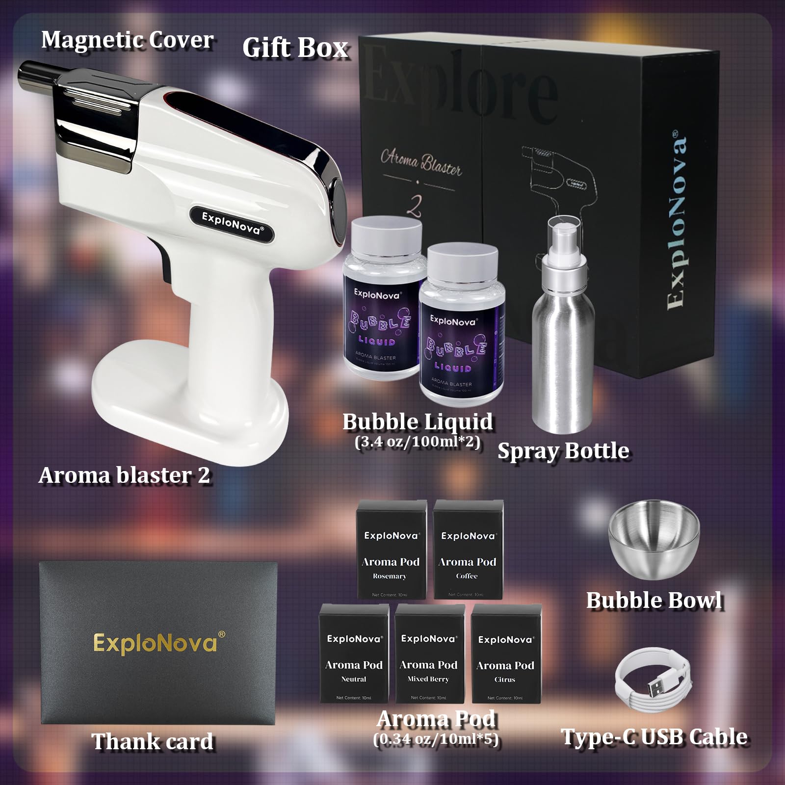 Aroma Blaster 2 Kit con 5 Pods Aroma Bolla commestibile Cocktail Bubble Smoke Gun, Whiskey Smoker Kit, perfetto per bar, feste e casa, ottimo regalo per padre e marito - Bianco