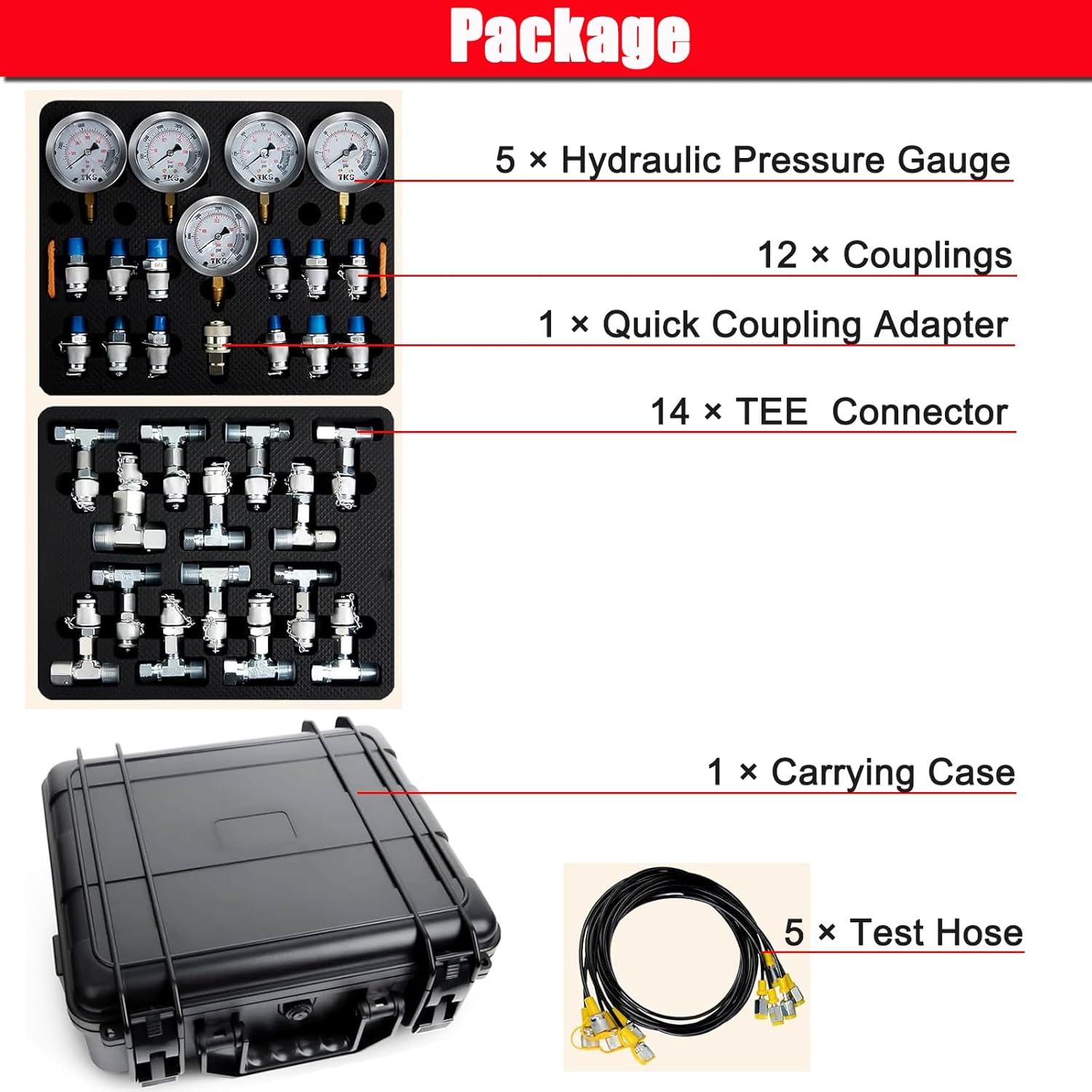 Hydraulic Pressure Test Kit, 5 Pressure Gauges 5 Test Hoses 13 Test Couplings 14 Tee connectors Hydraulic Gauge Kit for Excavator Construction Machinery 10/100/250/400/600 Bar